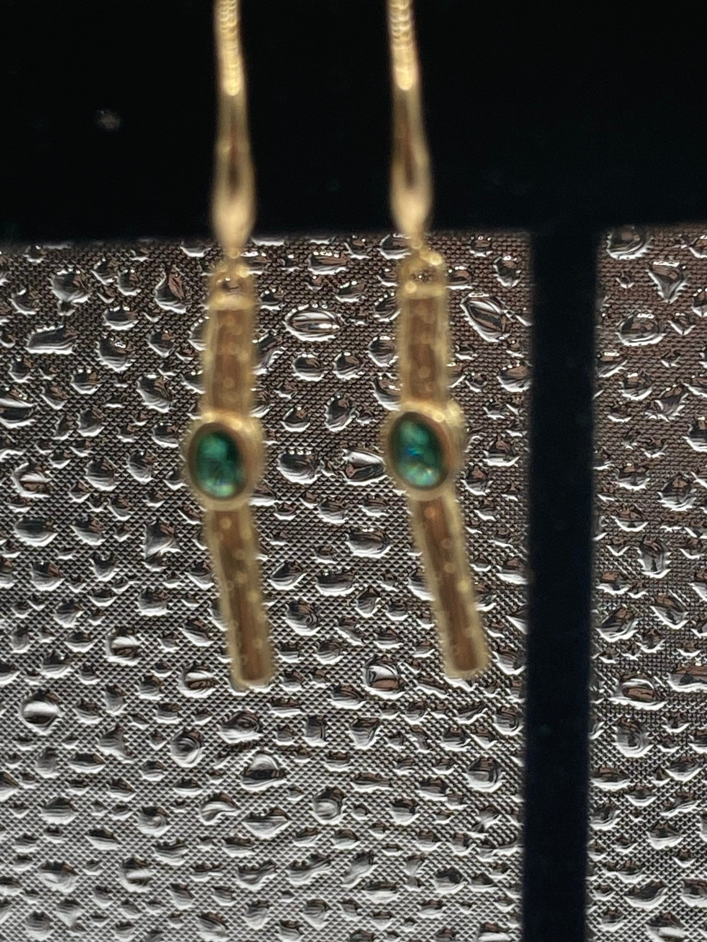 18k Gold plated modernist crystal emerald green glass diamanté drop bezel earrings