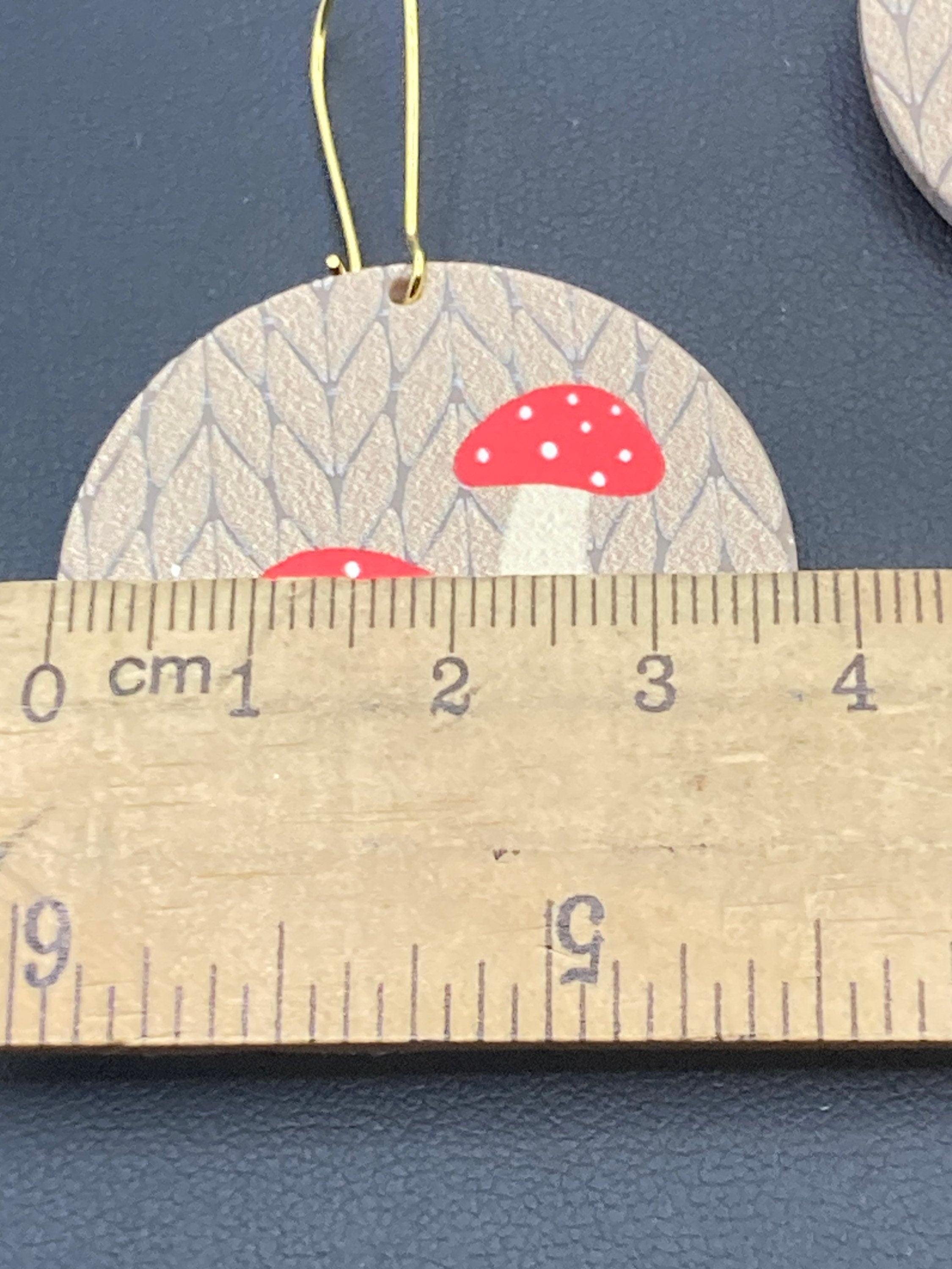 Large faux wooden fairy toadstool mushroom dangly earrings Nordic hygge style