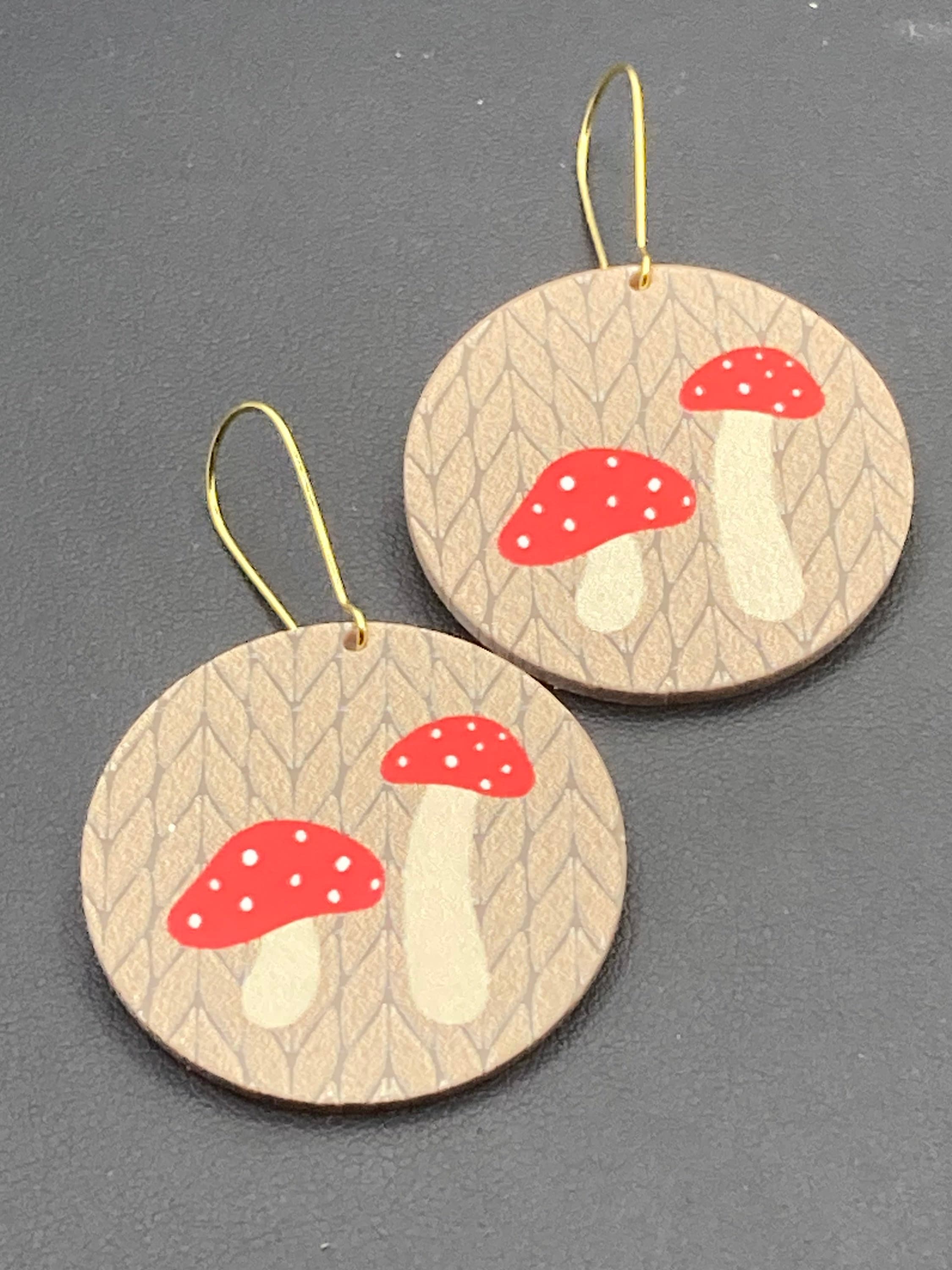 Large faux wooden fairy toadstool mushroom dangly earrings Nordic hygge style