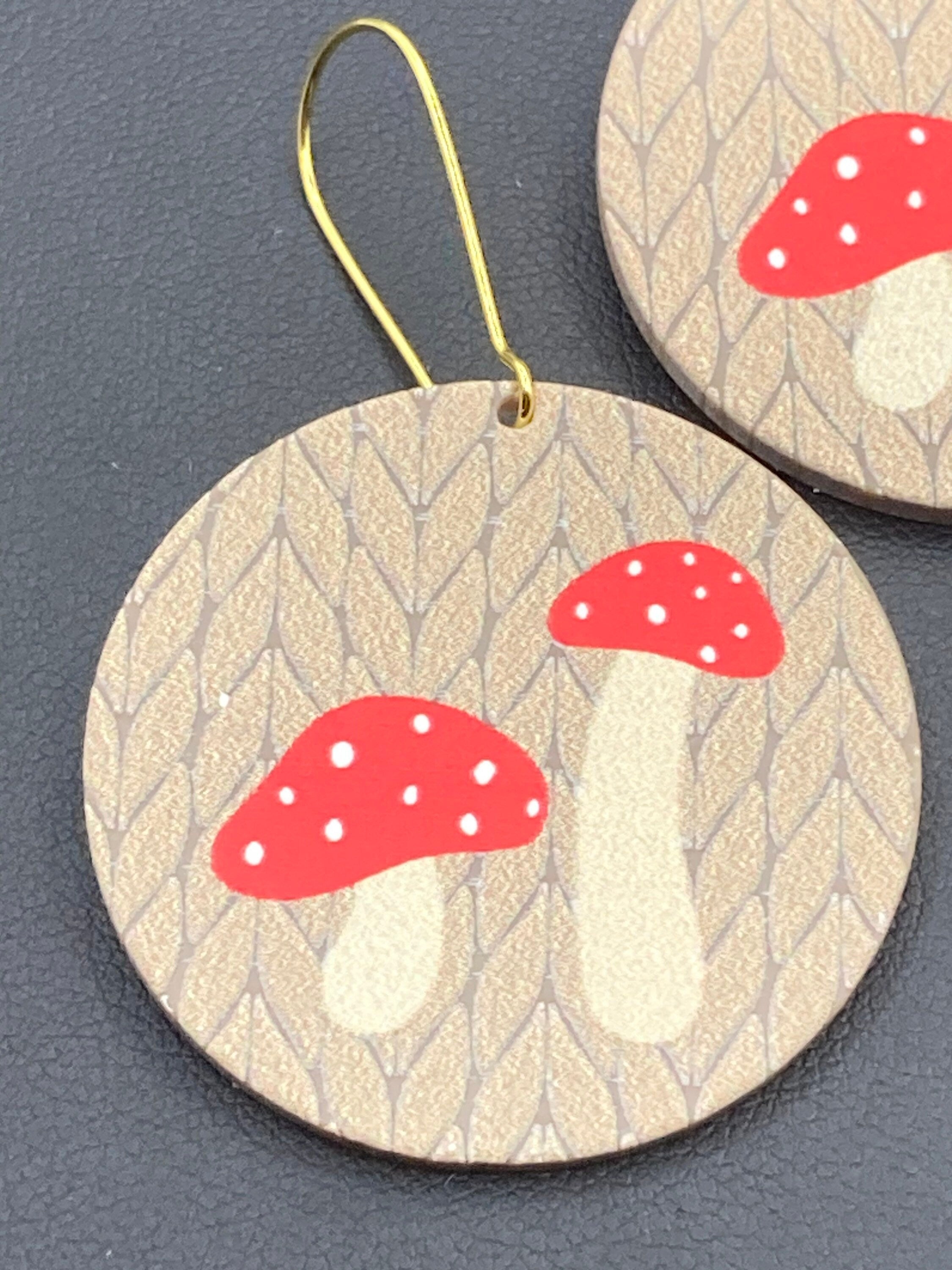 Large faux wooden fairy toadstool mushroom dangly earrings Nordic hygge style