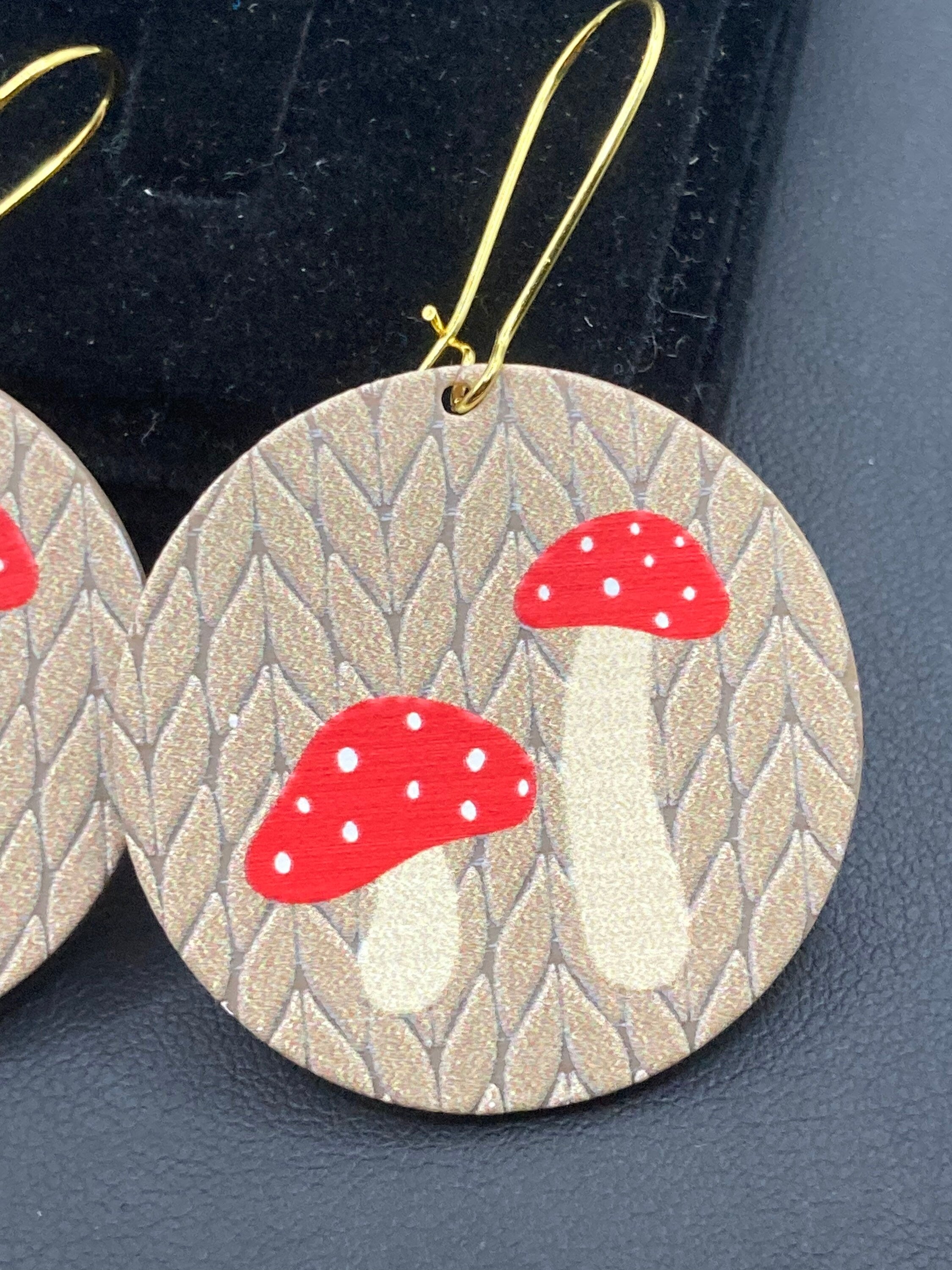 Large faux wooden fairy toadstool mushroom dangly earrings Nordic hygge style