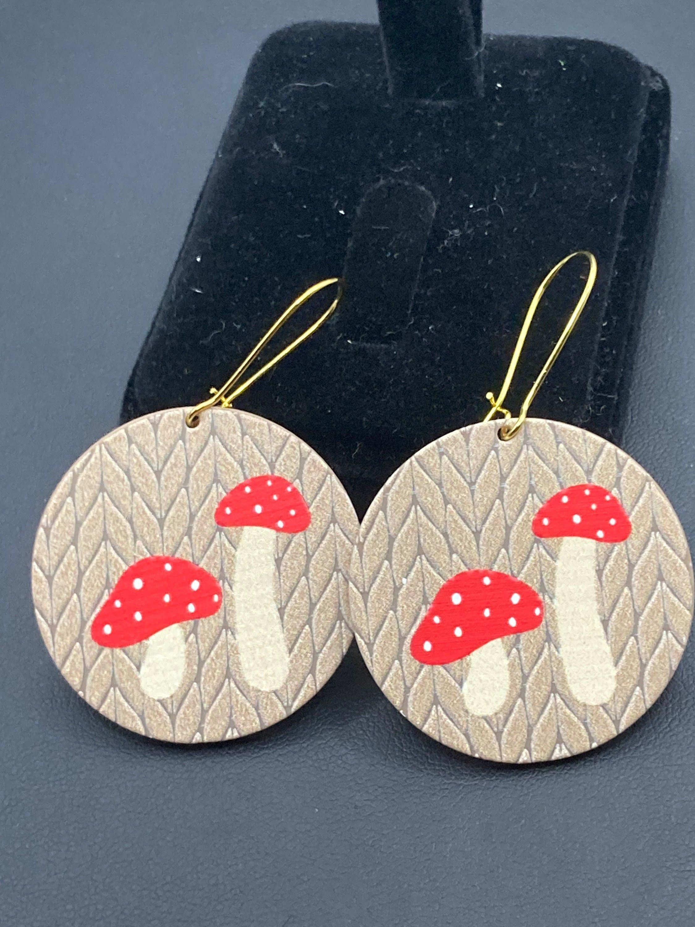 Large faux wooden fairy toadstool mushroom dangly earrings Nordic hygge style