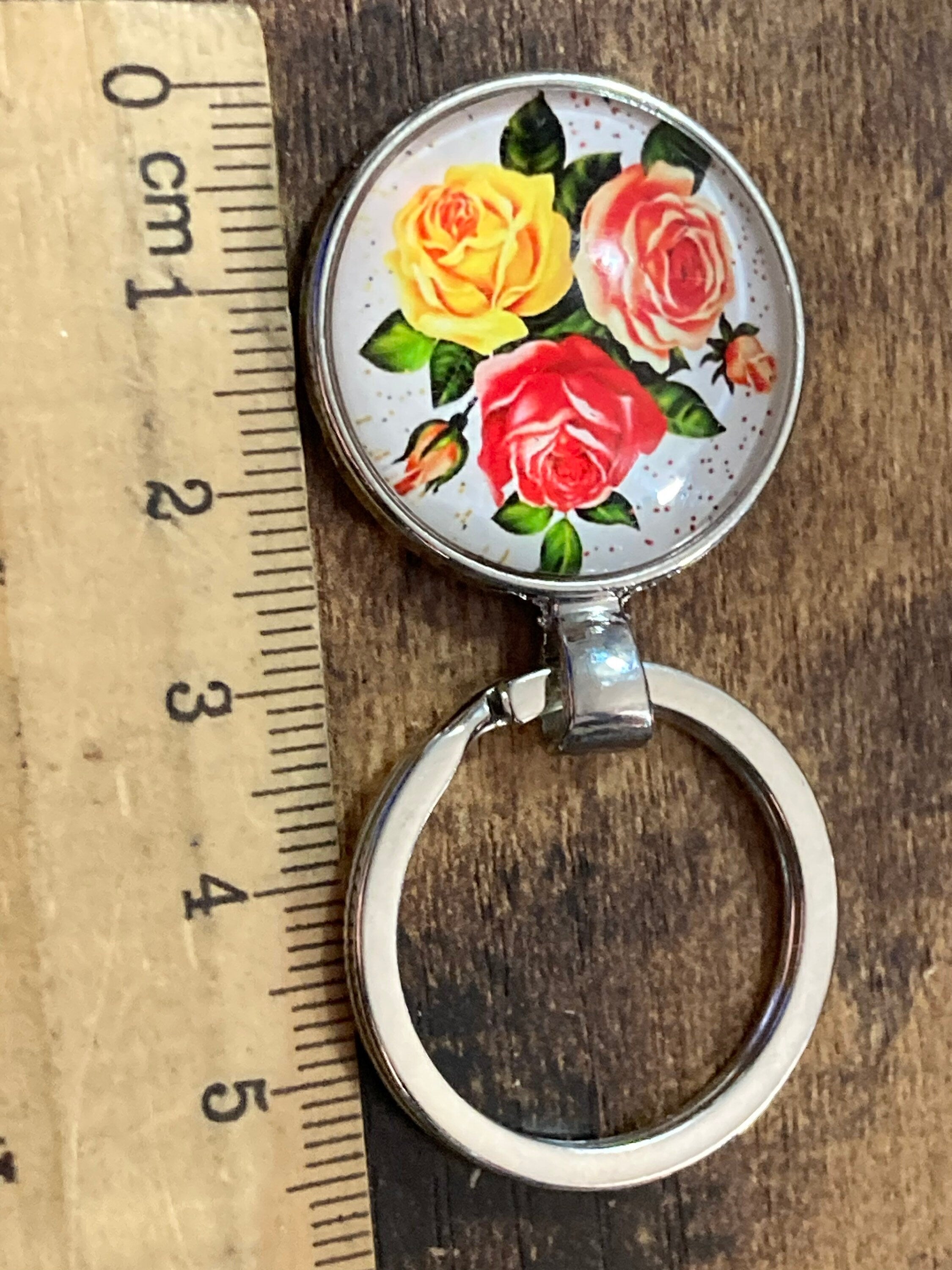 Handmade garden flowers yellow red roses silver tone keyring with 25mm glass cabochon