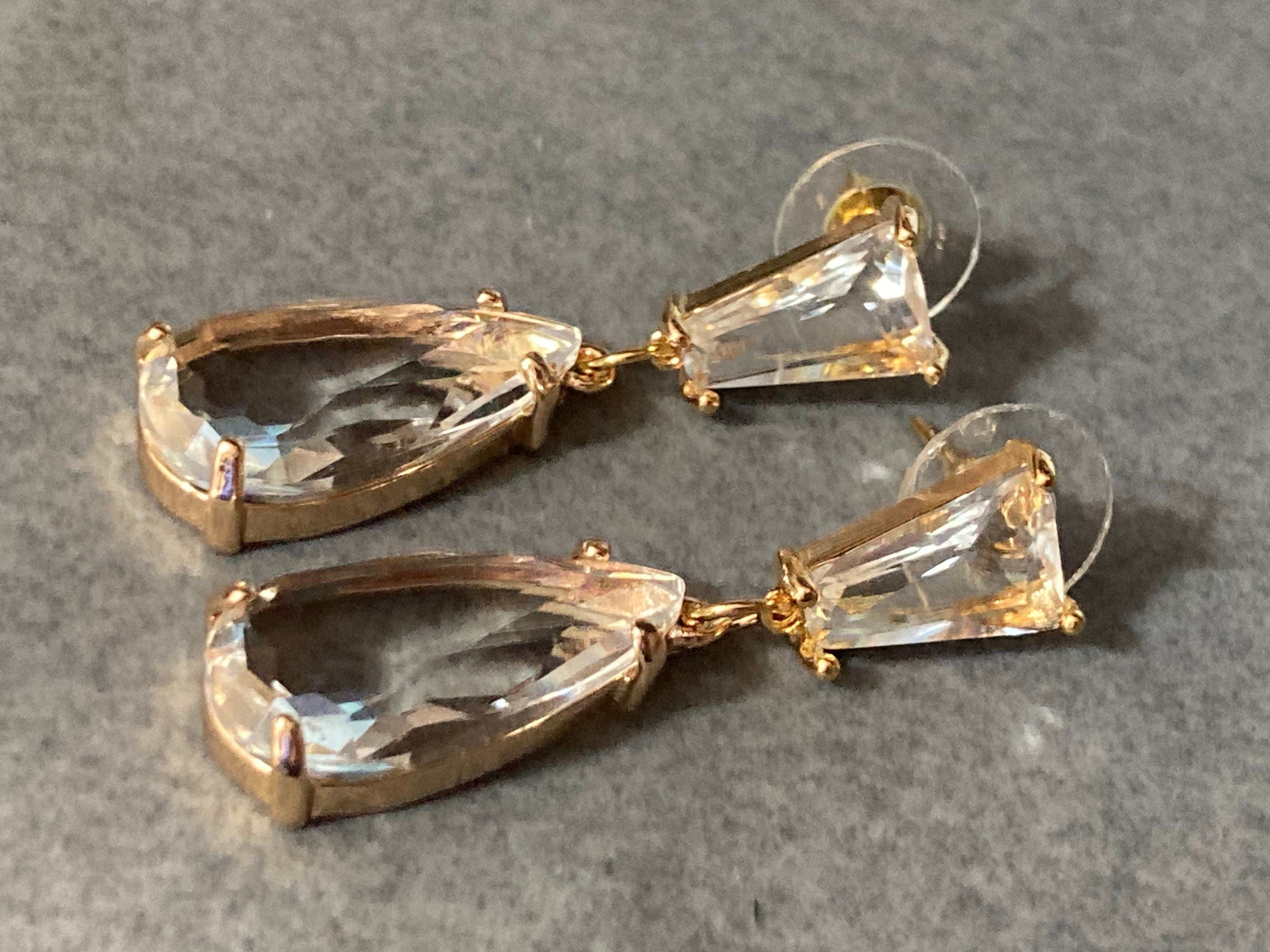 18k Gold plated Clear crystal glass diamante rhinestone teardrop earrings