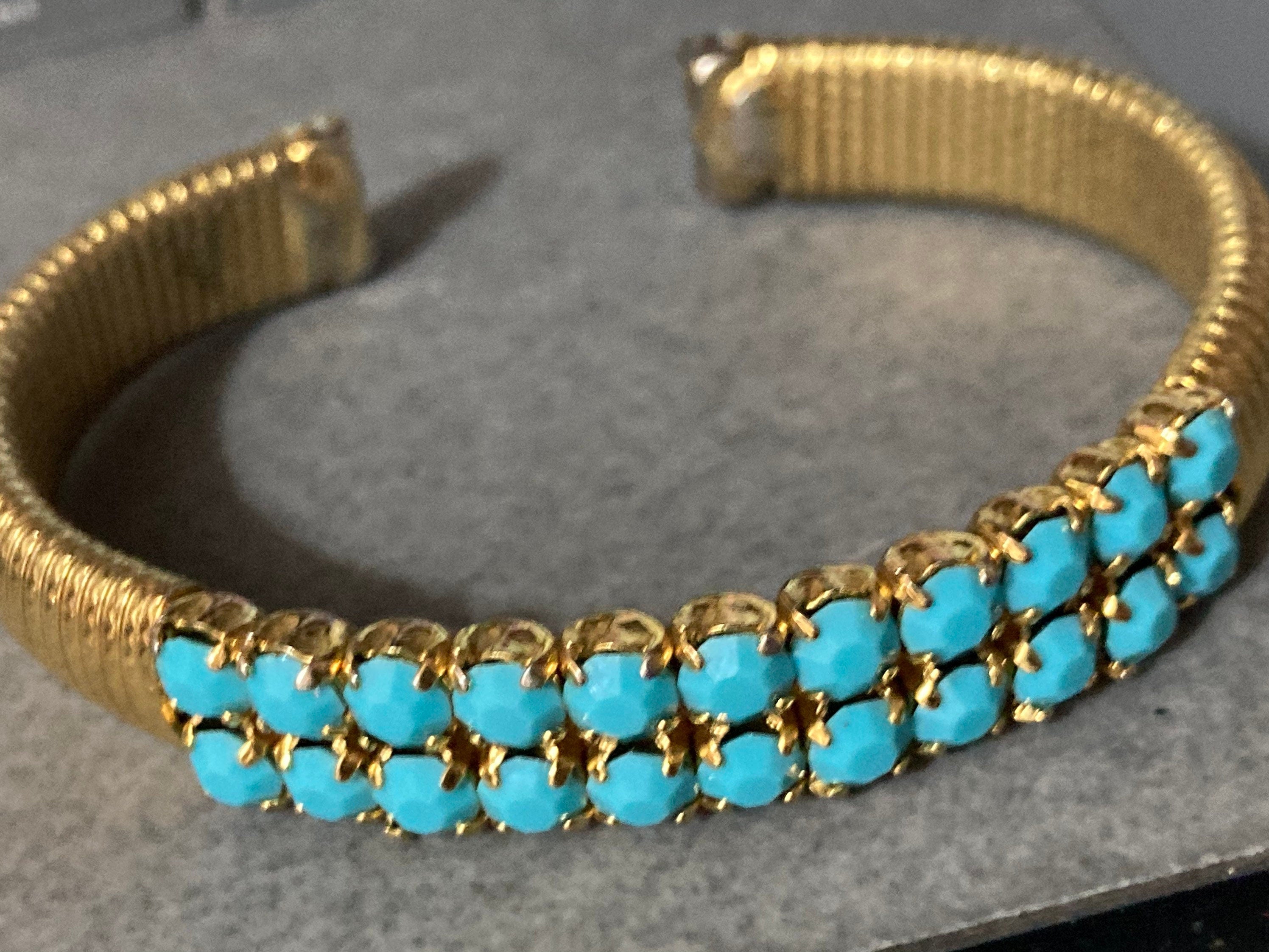 Vintage open ended adjustable fixed flat link gold tone cuff bracelet turquoise paste