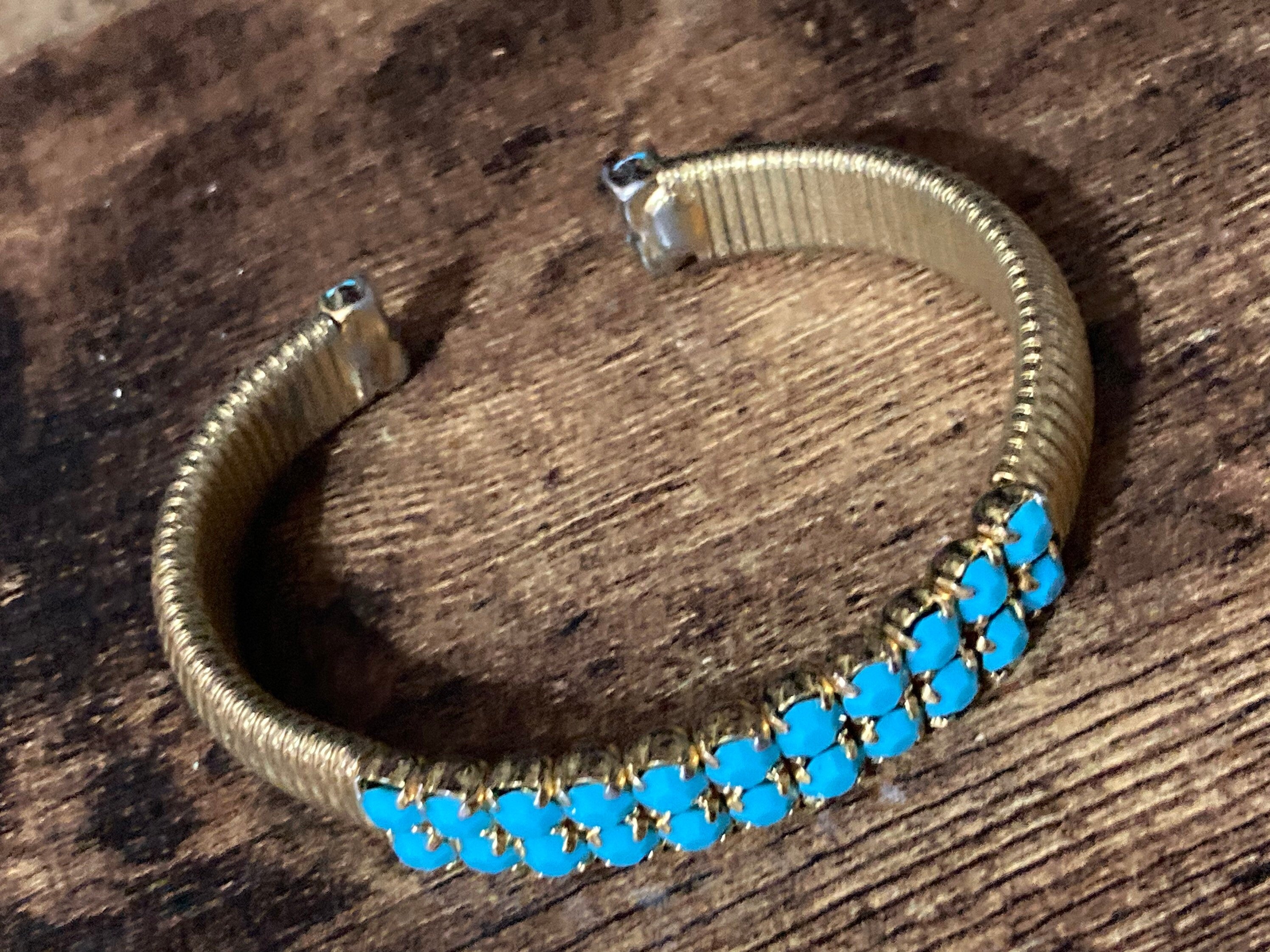 Vintage open ended adjustable fixed flat link gold tone cuff bracelet turquoise paste