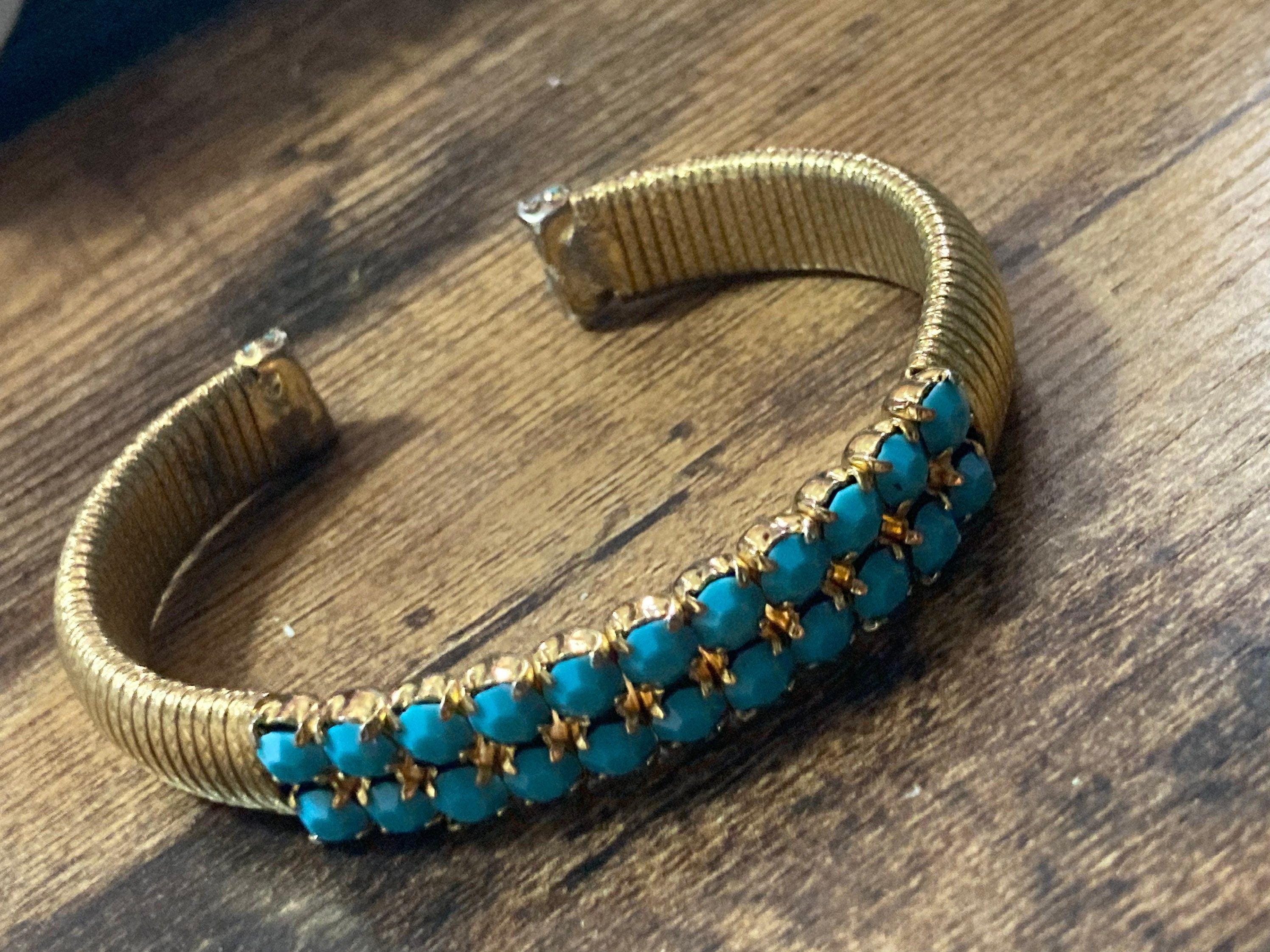 Vintage open ended adjustable fixed flat link gold tone cuff bracelet turquoise paste