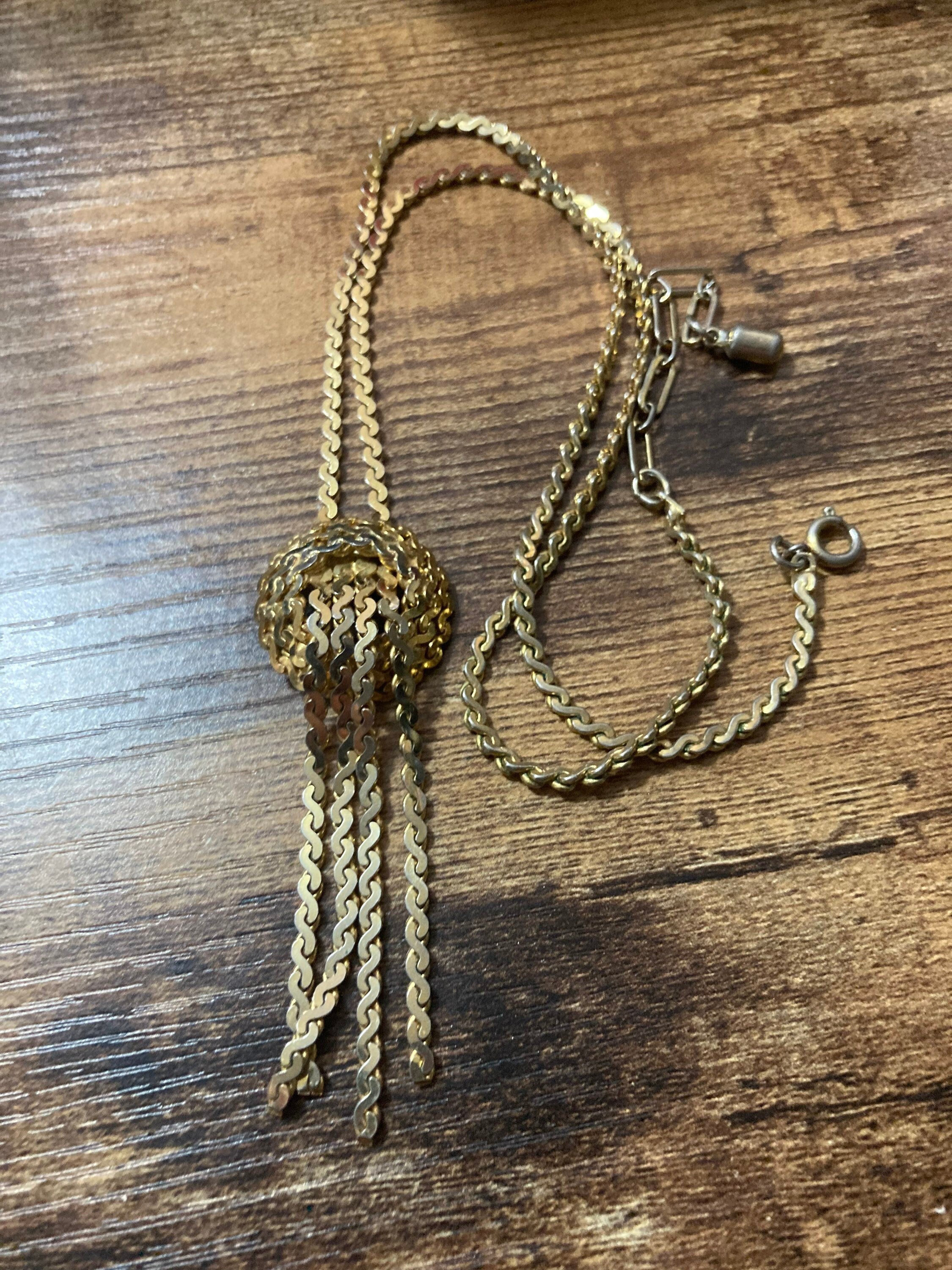 Vintage gold tone mesh & chain long knot waterfall lariat necklace