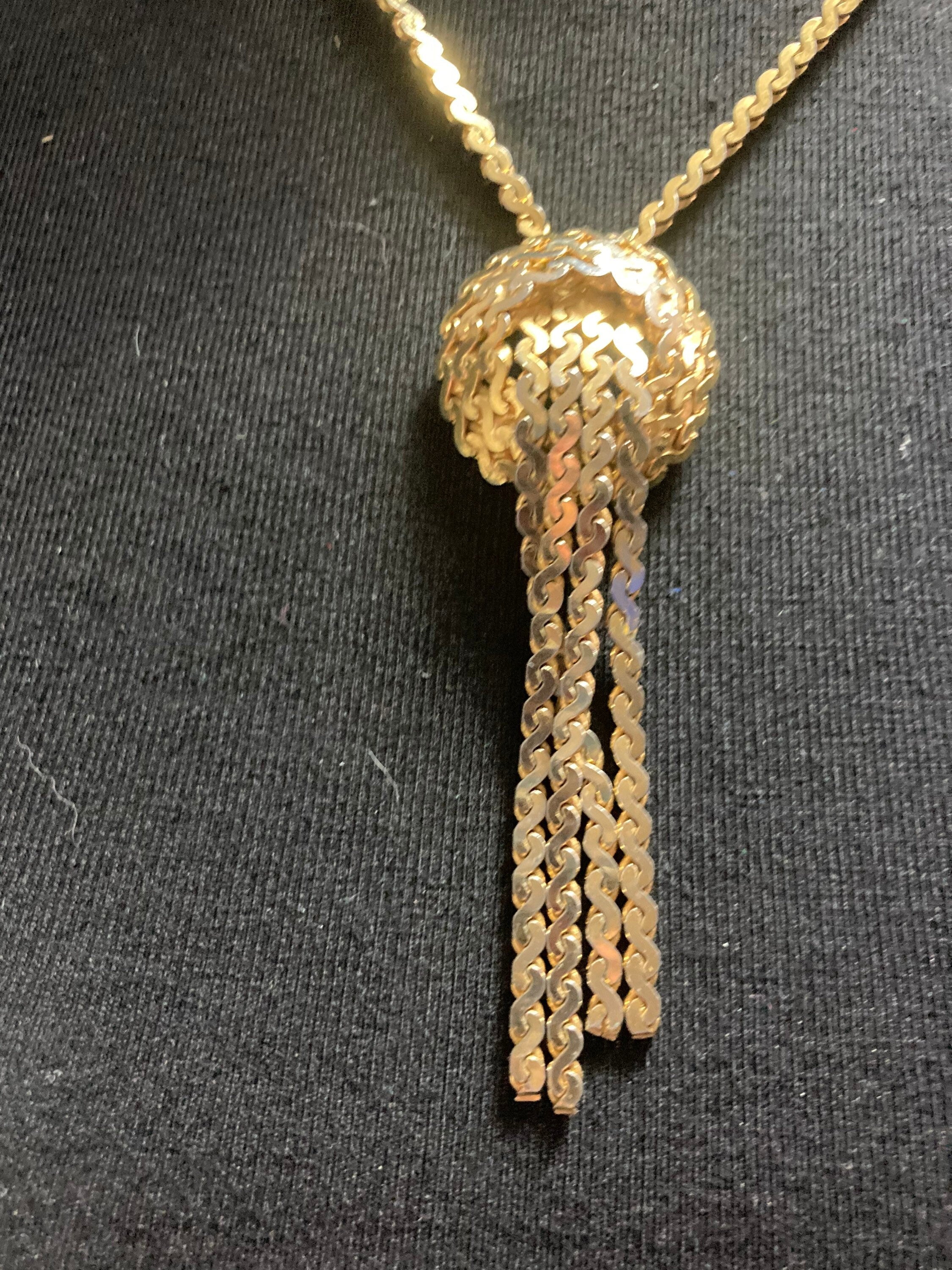 Vintage gold tone mesh & chain long knot waterfall lariat necklace