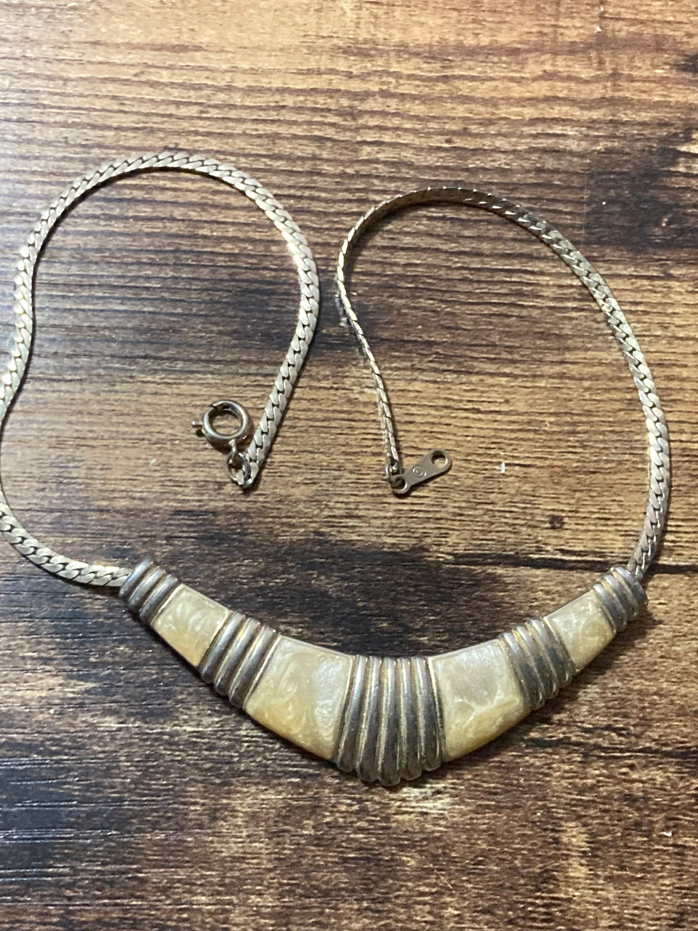 Petite length cream enamel choker Vintage gold tone neutral colour