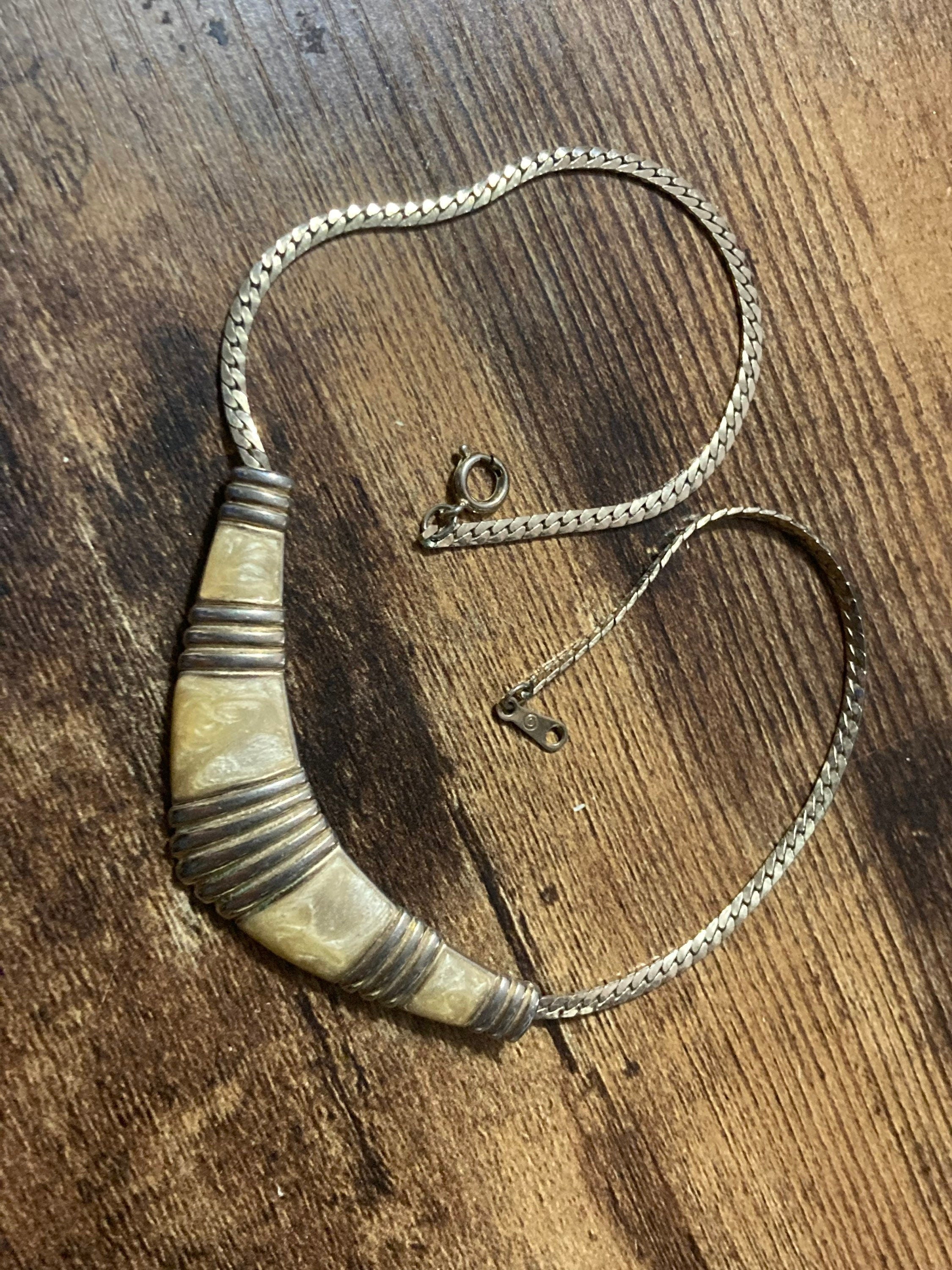 Petite length cream enamel choker Vintage gold tone neutral colour