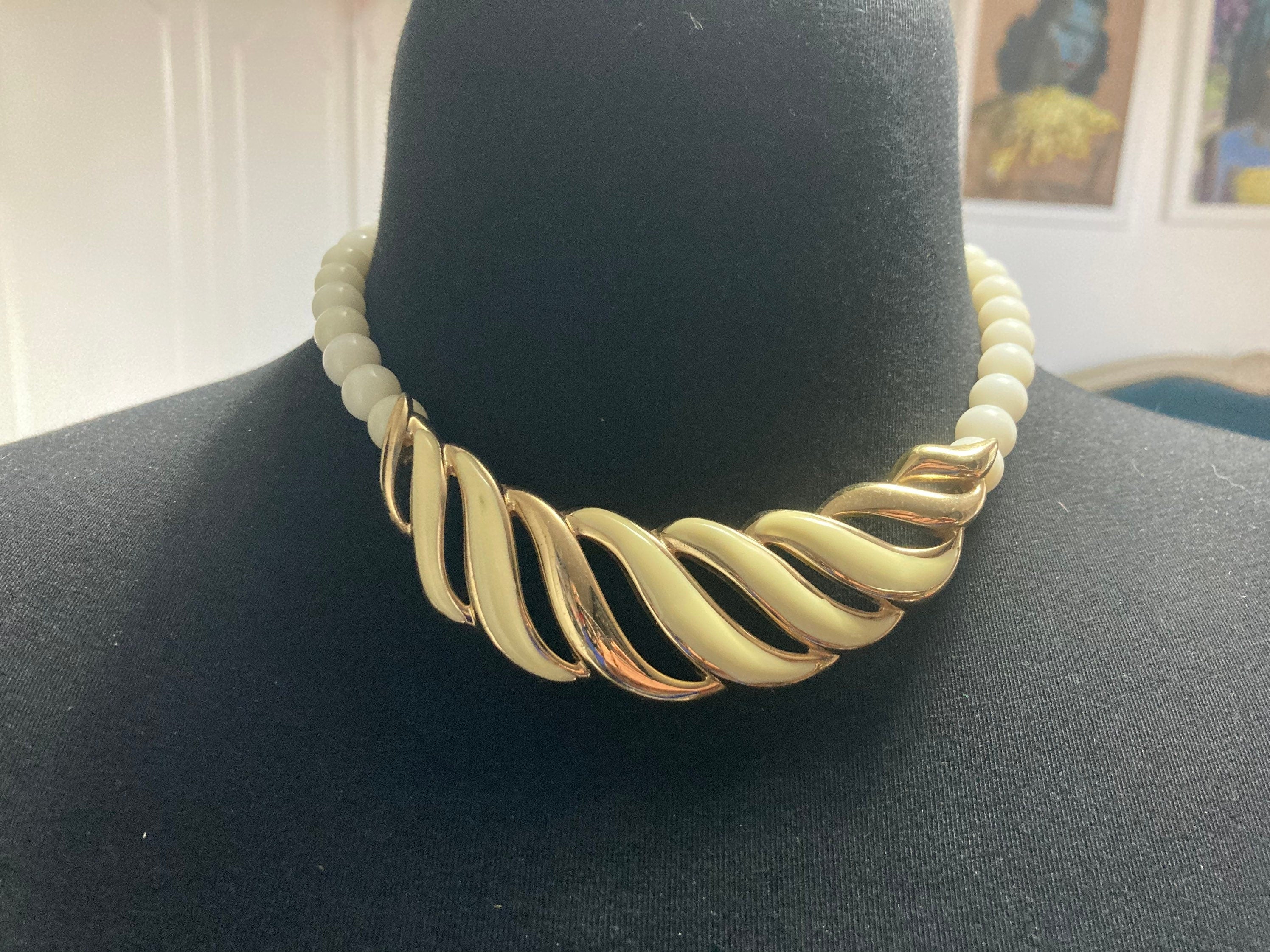 vintage gold tone cream enamel choker chunky necklace
