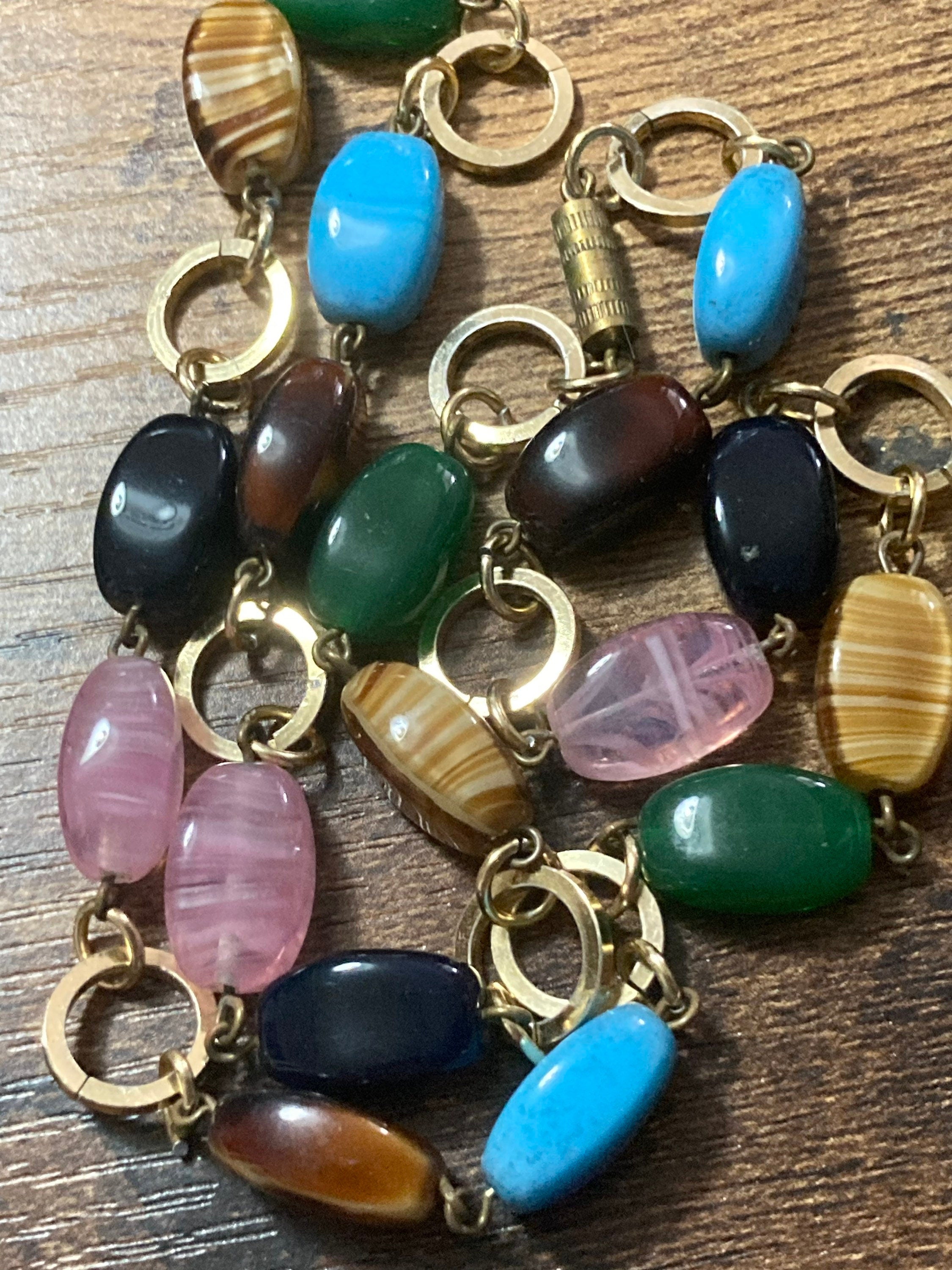 Vintage glass beaded faux gemstone gold tone necklace turquoise pink