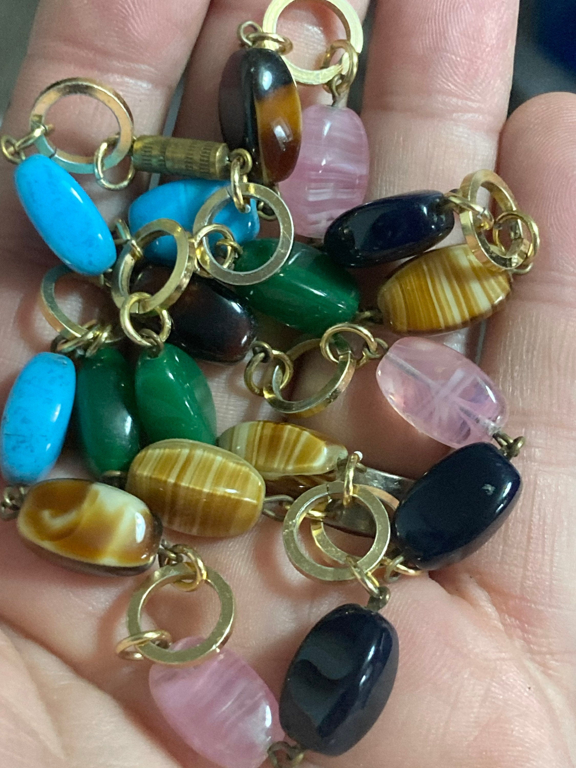 Vintage glass beaded faux gemstone gold tone necklace turquoise pink