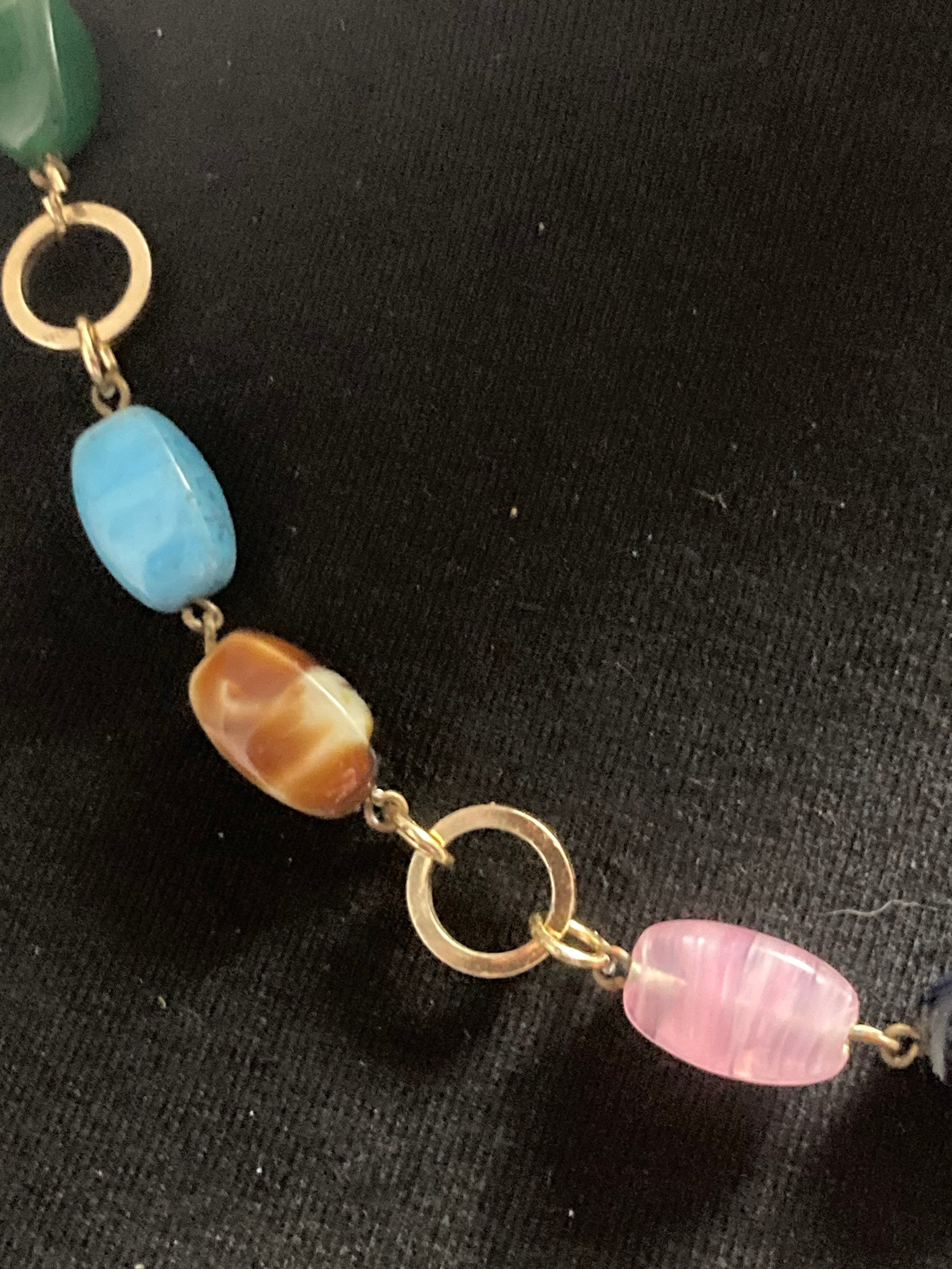 Vintage glass beaded faux gemstone gold tone necklace turquoise pink