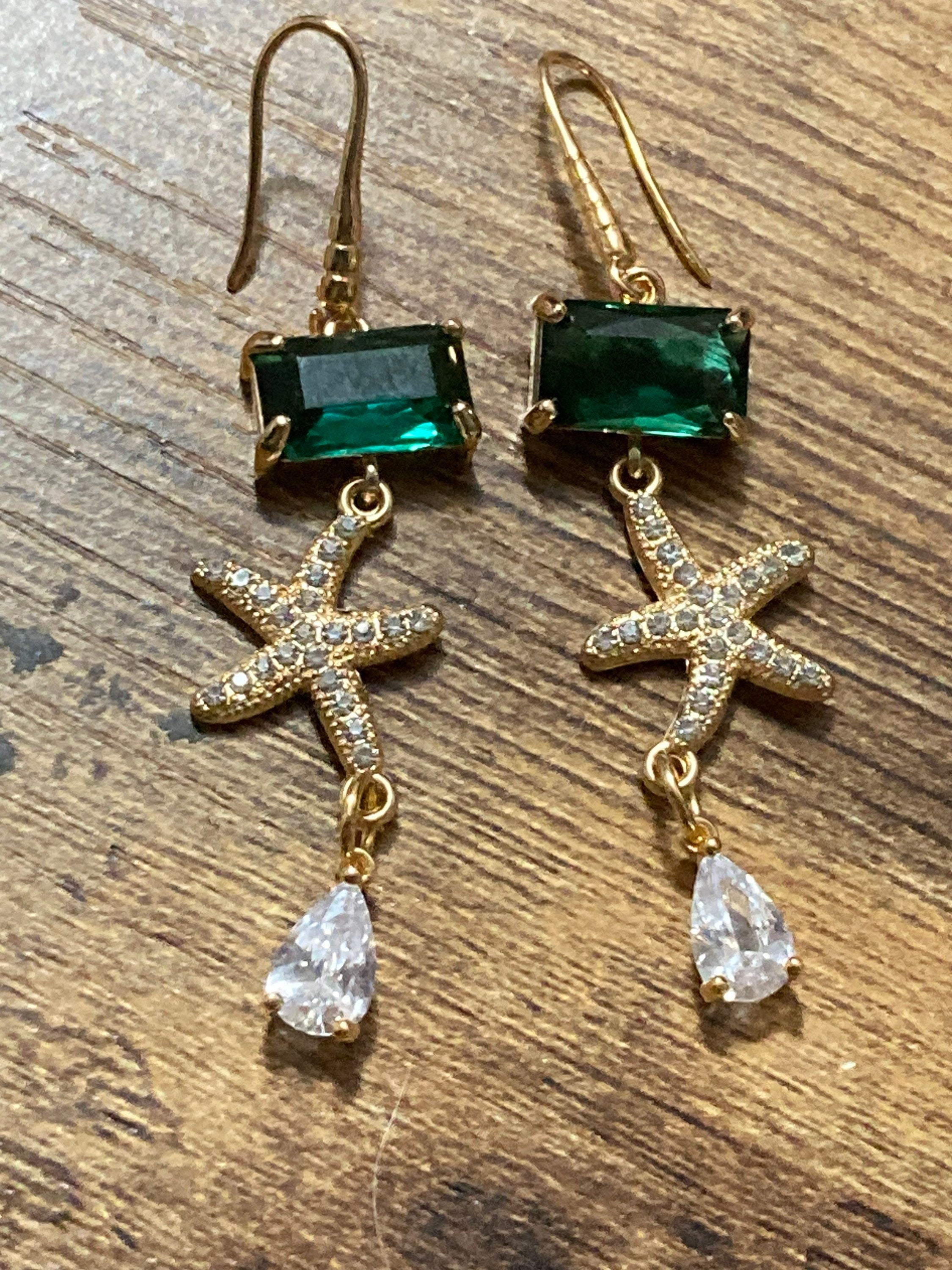 18k gold plated emerald green & clear Crystal diamanté starfish earrings