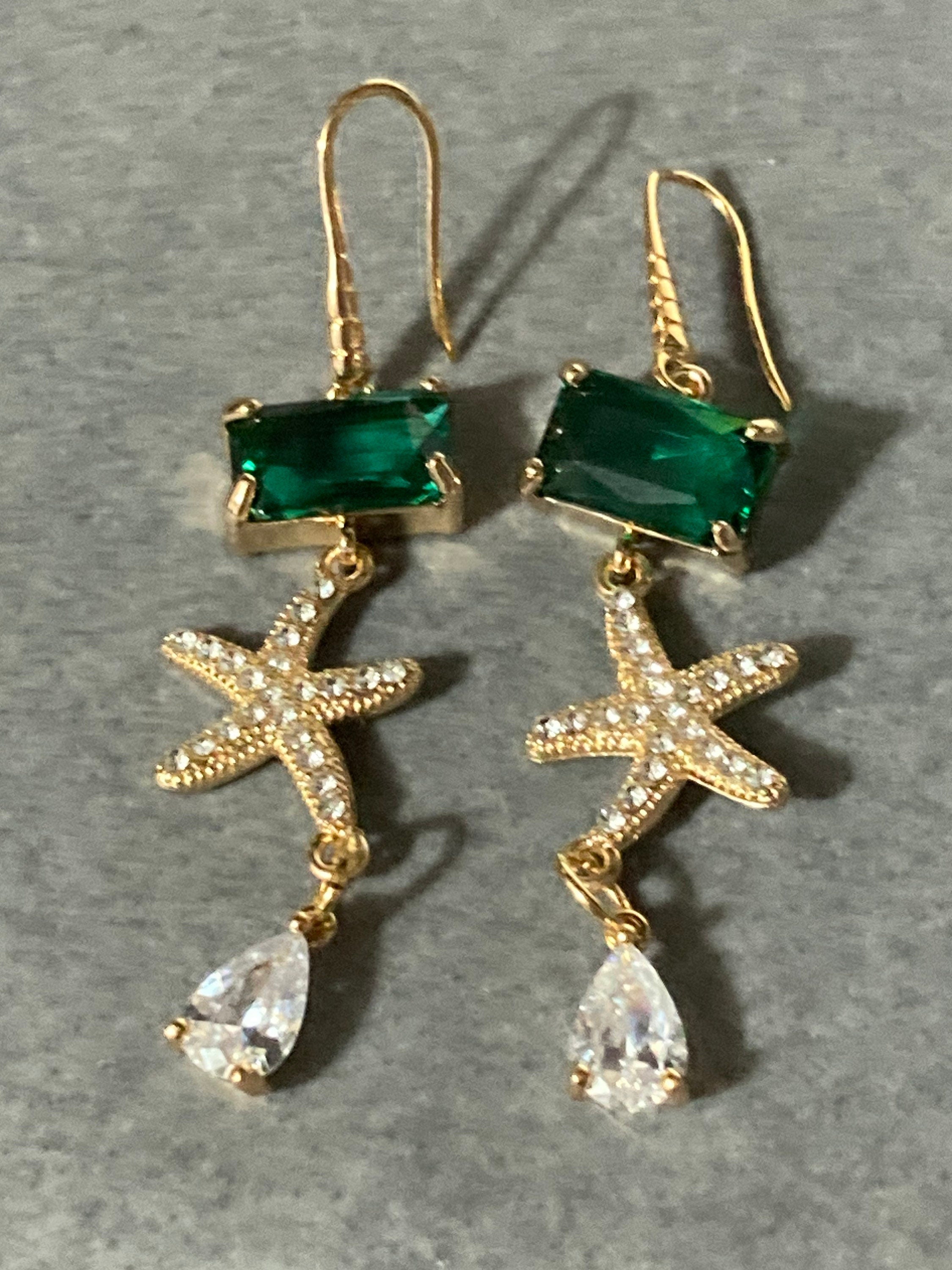 18k gold plated emerald green & clear Crystal diamanté starfish earrings