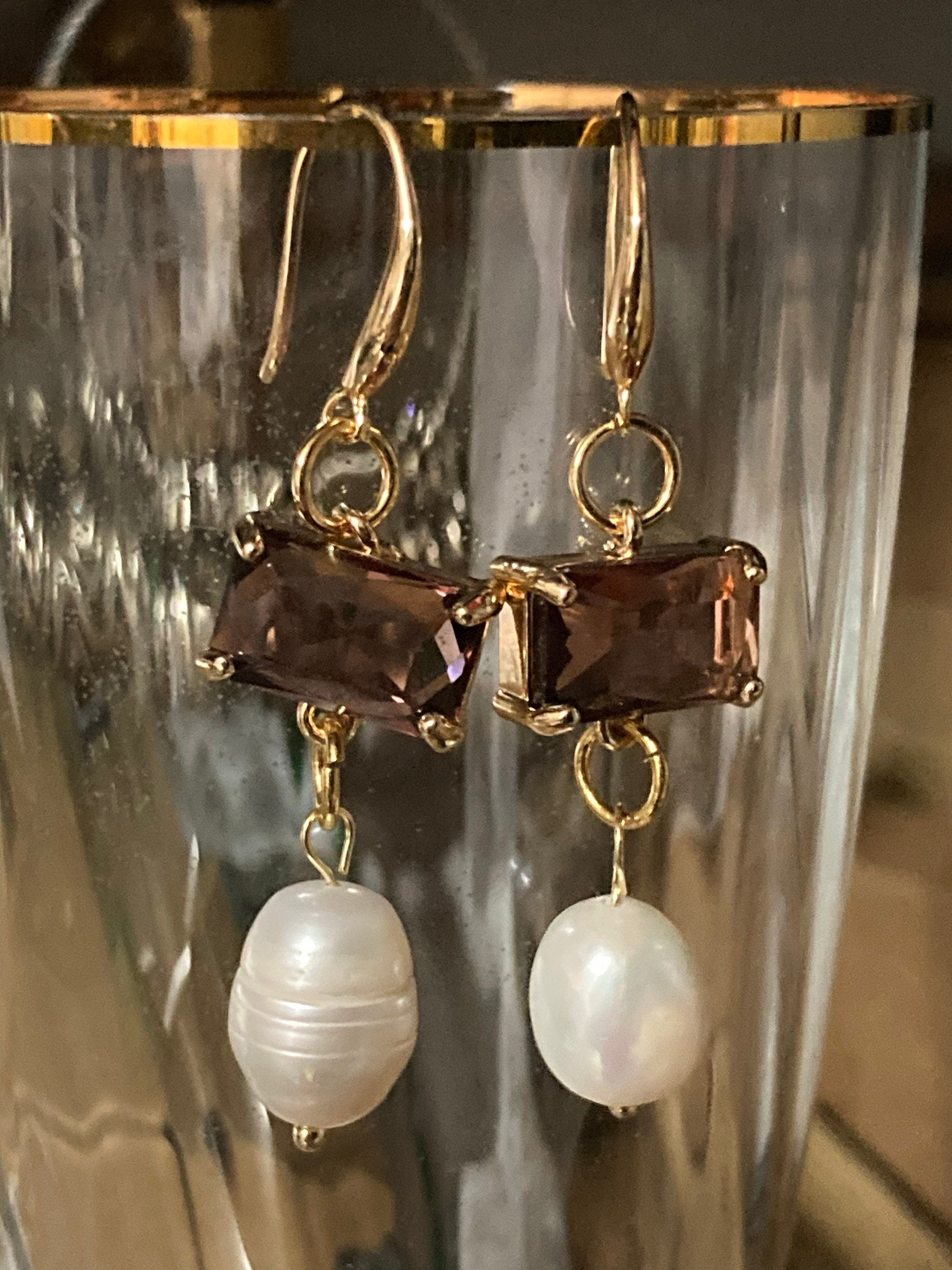 18k gold plated amethyst purple Crystal diamanté faux pearl teardrop earrings