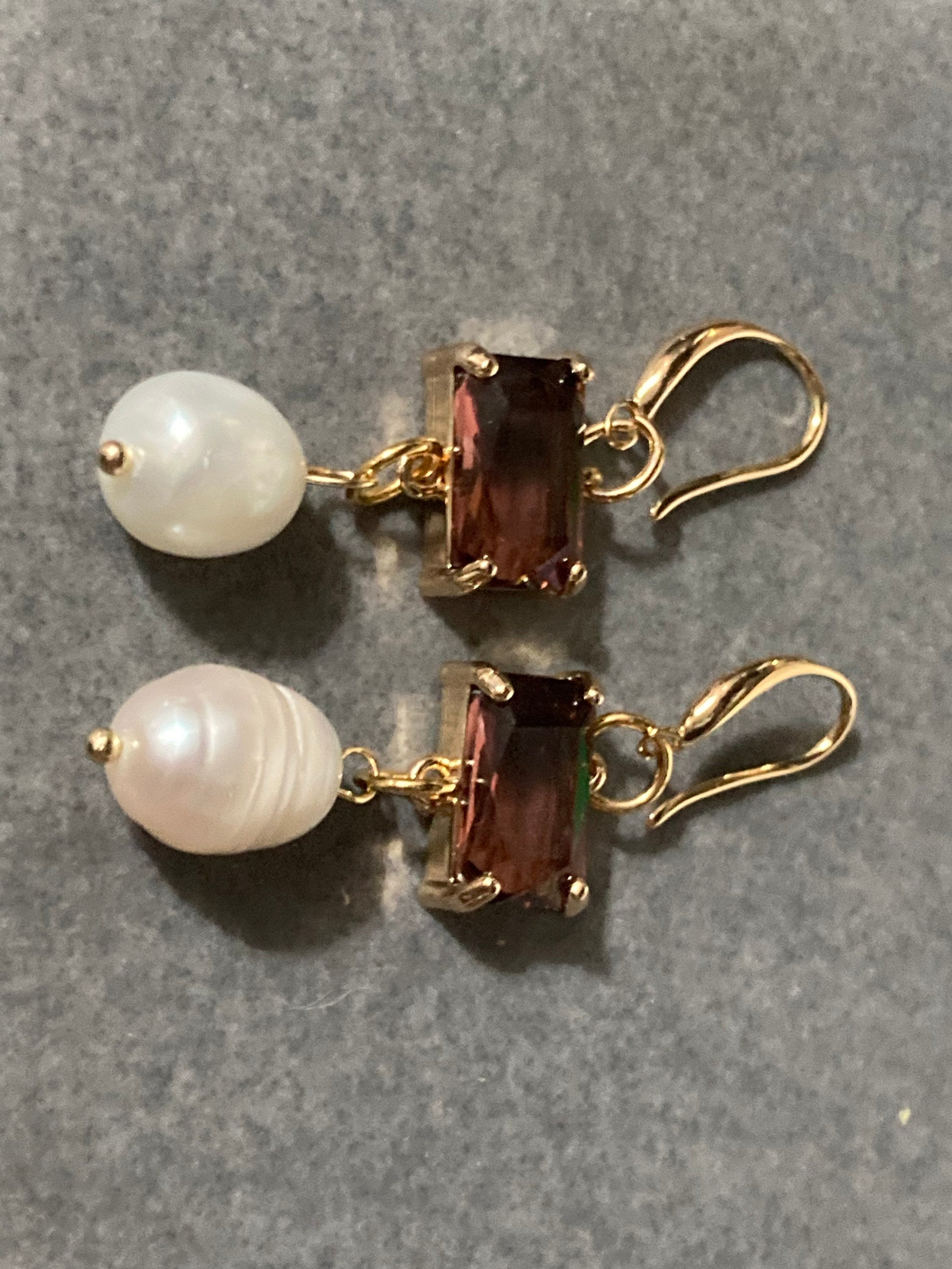 18k gold plated amethyst purple Crystal diamanté faux pearl teardrop earrings