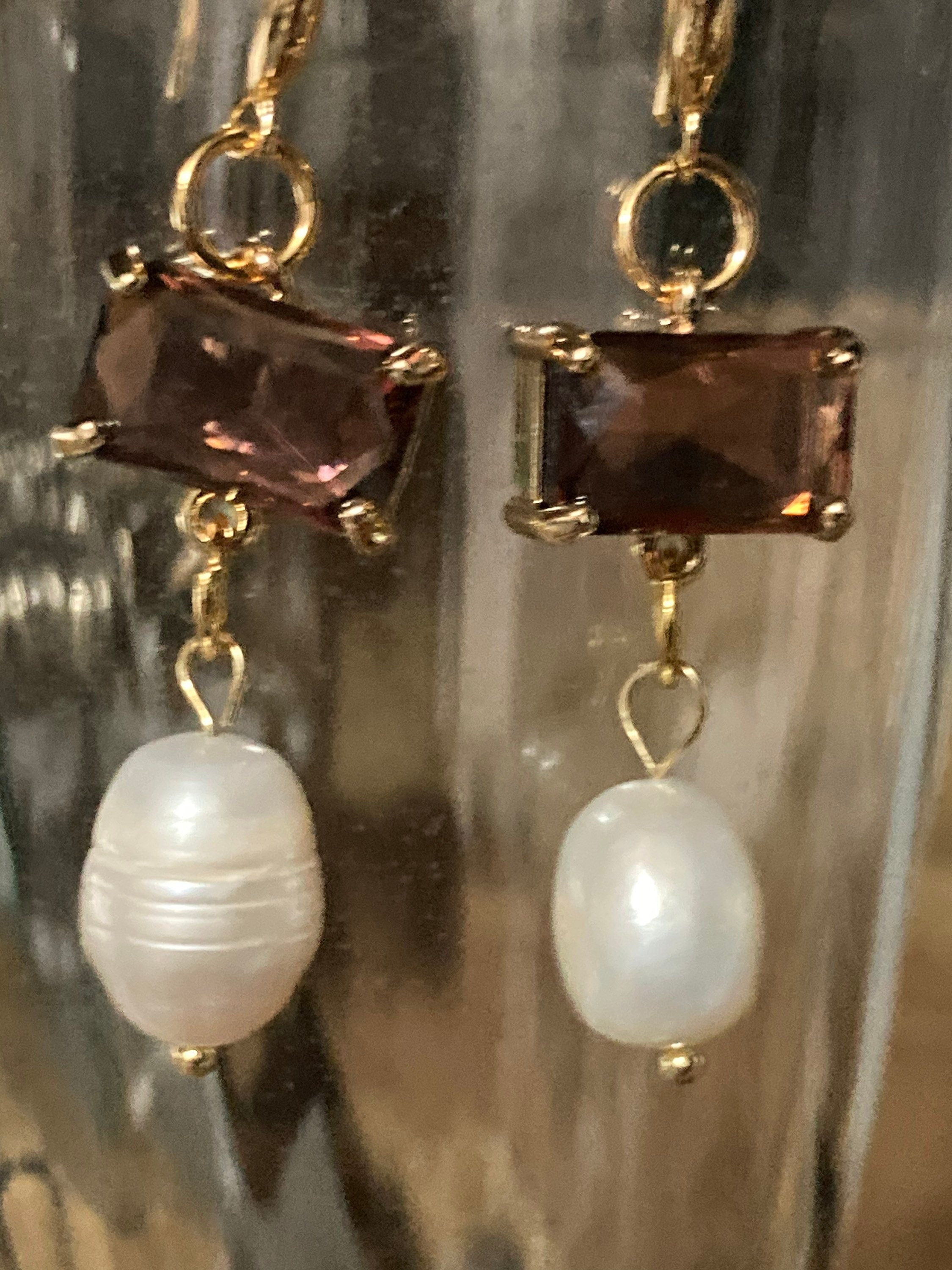 18k gold plated amethyst purple Crystal diamanté faux pearl teardrop earrings