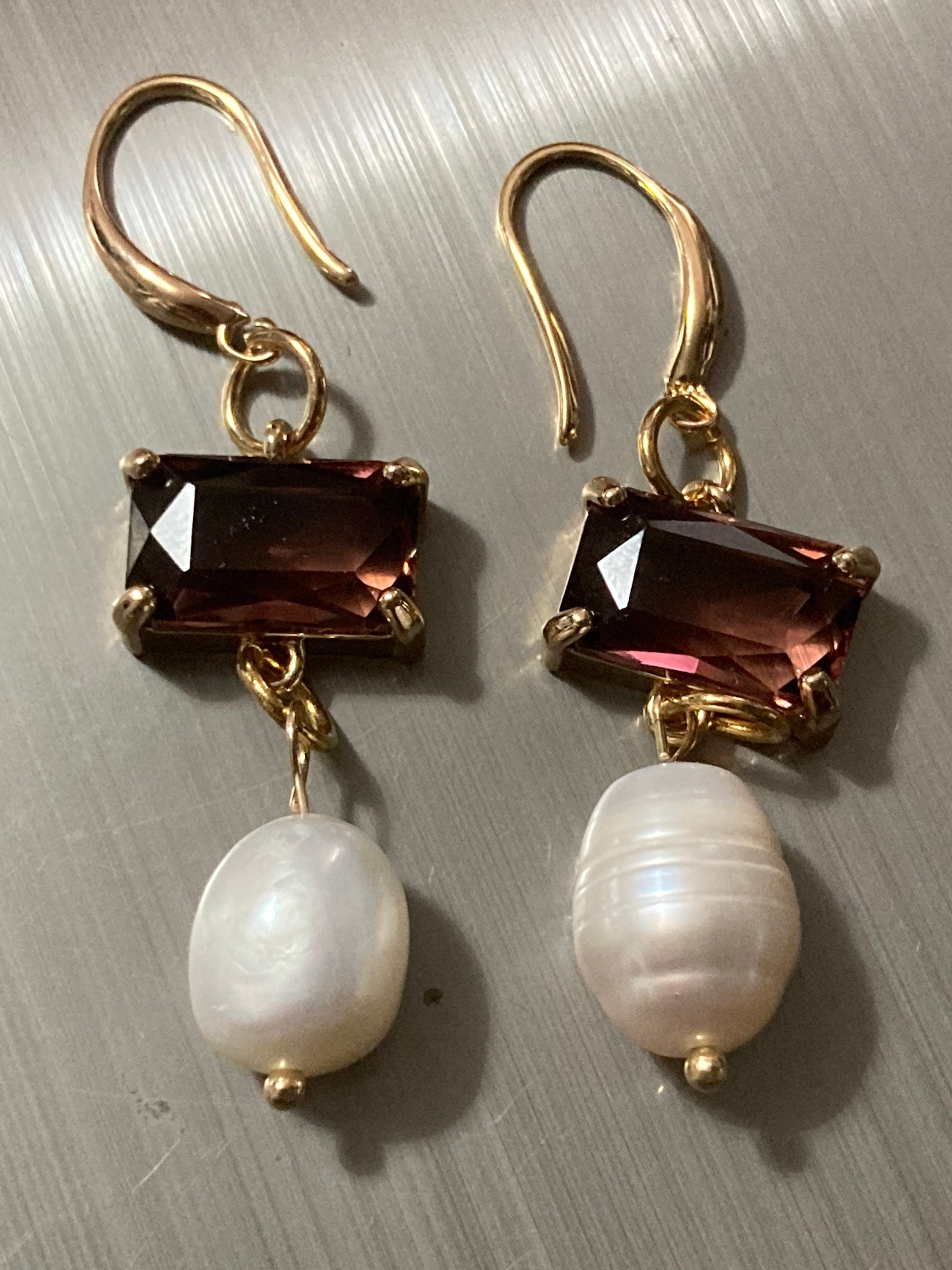 18k gold plated amethyst purple Crystal diamanté faux pearl teardrop earrings