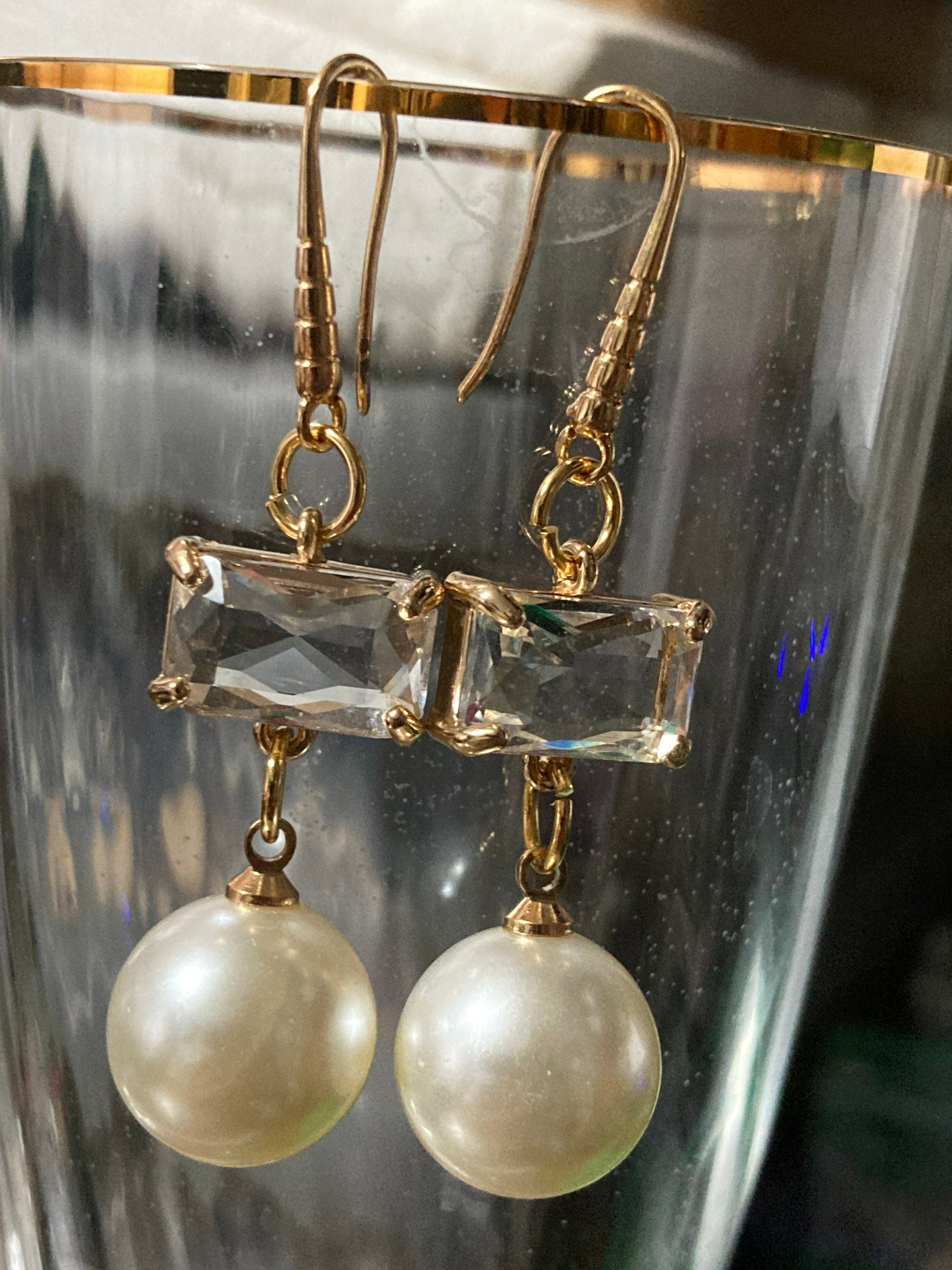 18k gold plated clear rectangular glass Crystal diamanté faux pearl drop earrings