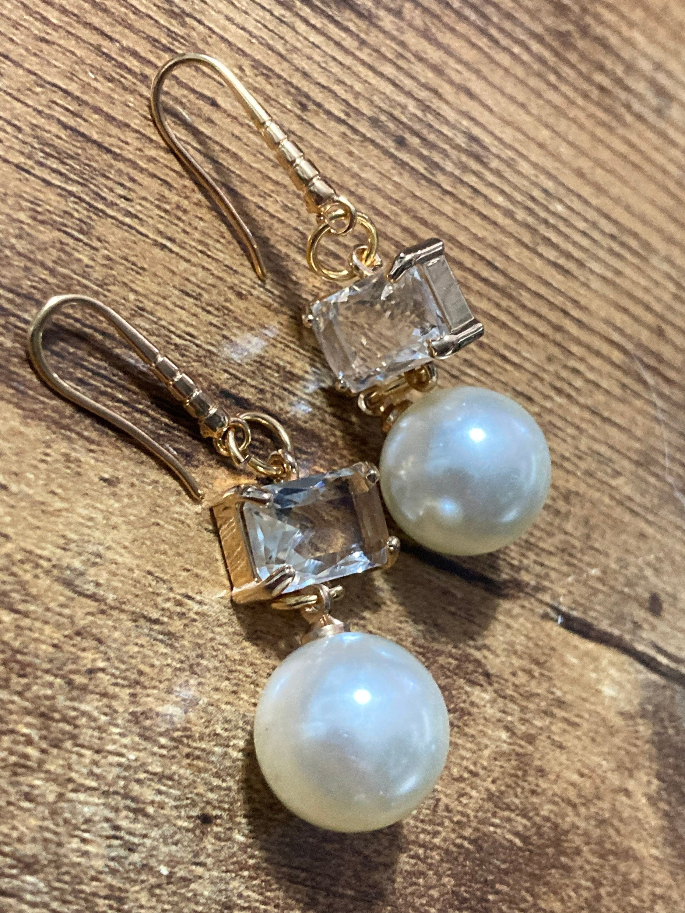 18k gold plated clear rectangular glass Crystal diamanté faux pearl drop earrings