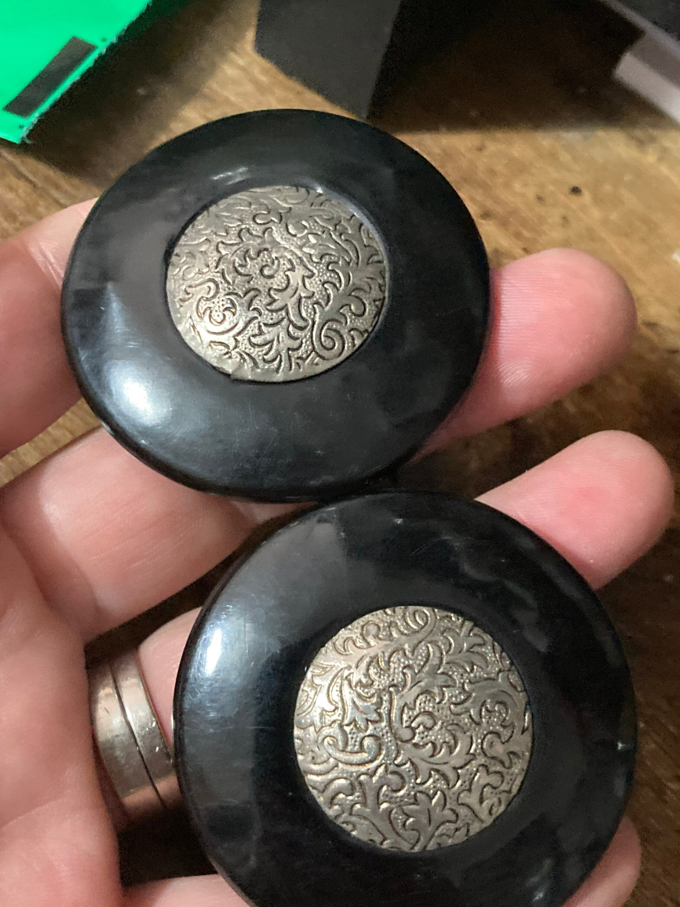Art Deco 2 part BLACK early celluloid plastic belt buckle with engraved silver detail