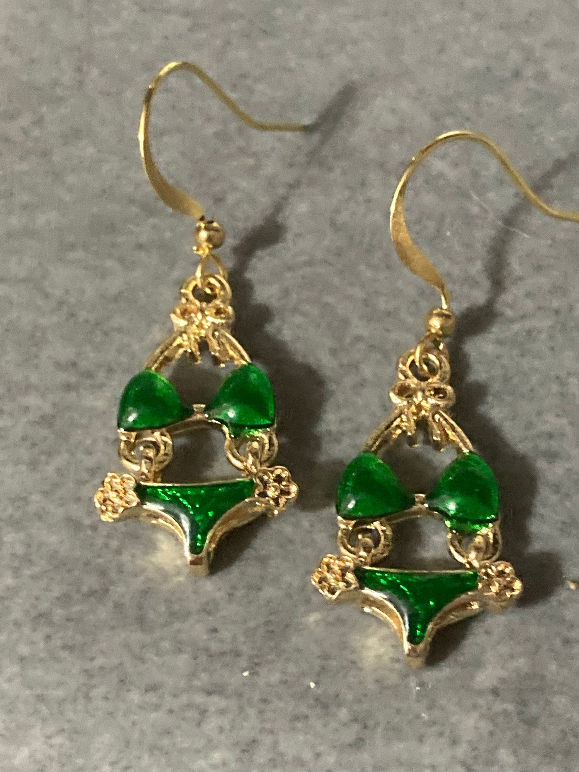 Gold & bright green enamel summer bikini drop earrings
