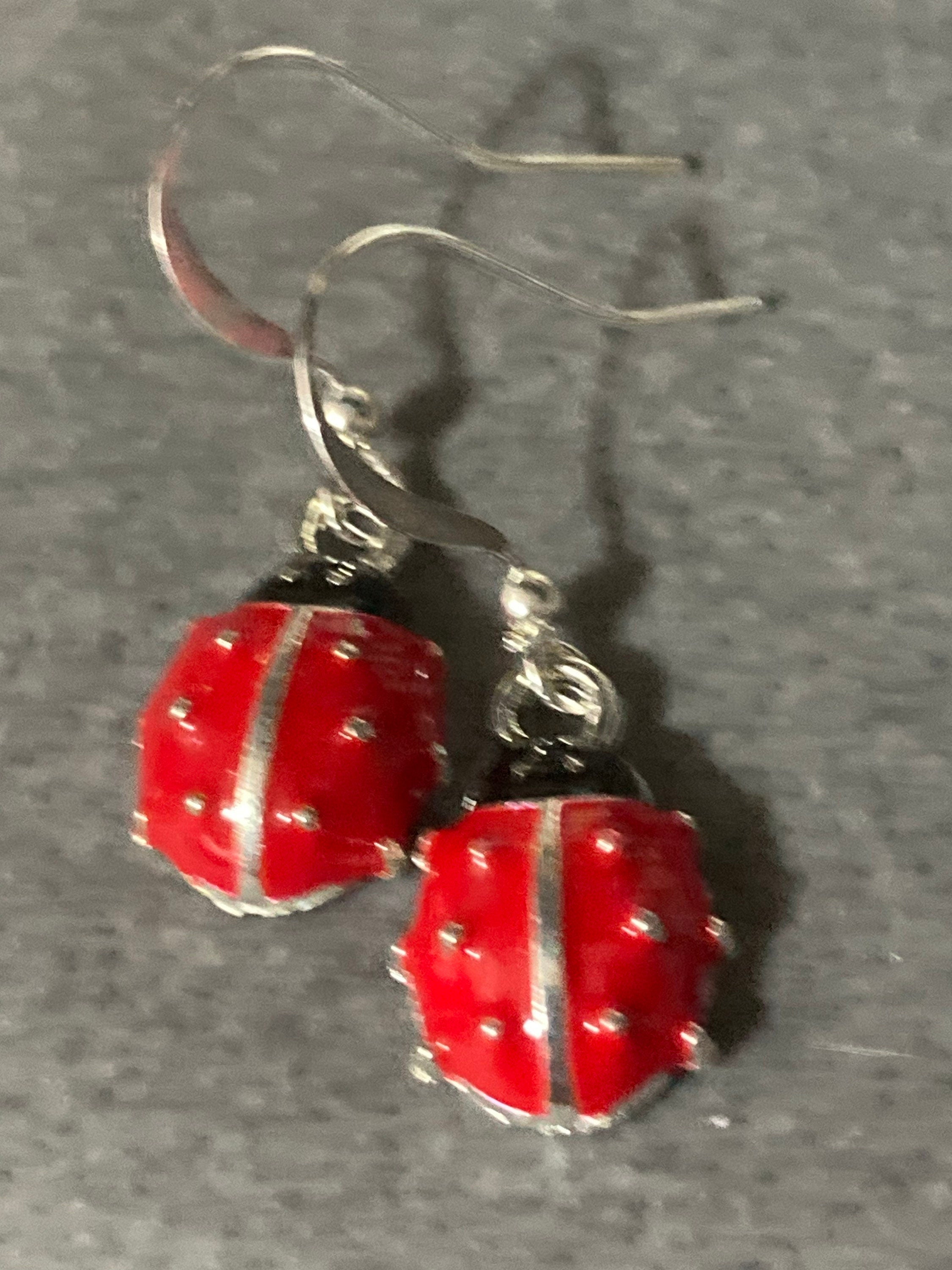 Silver tone black and red enamel ladybird drop earrings for girls