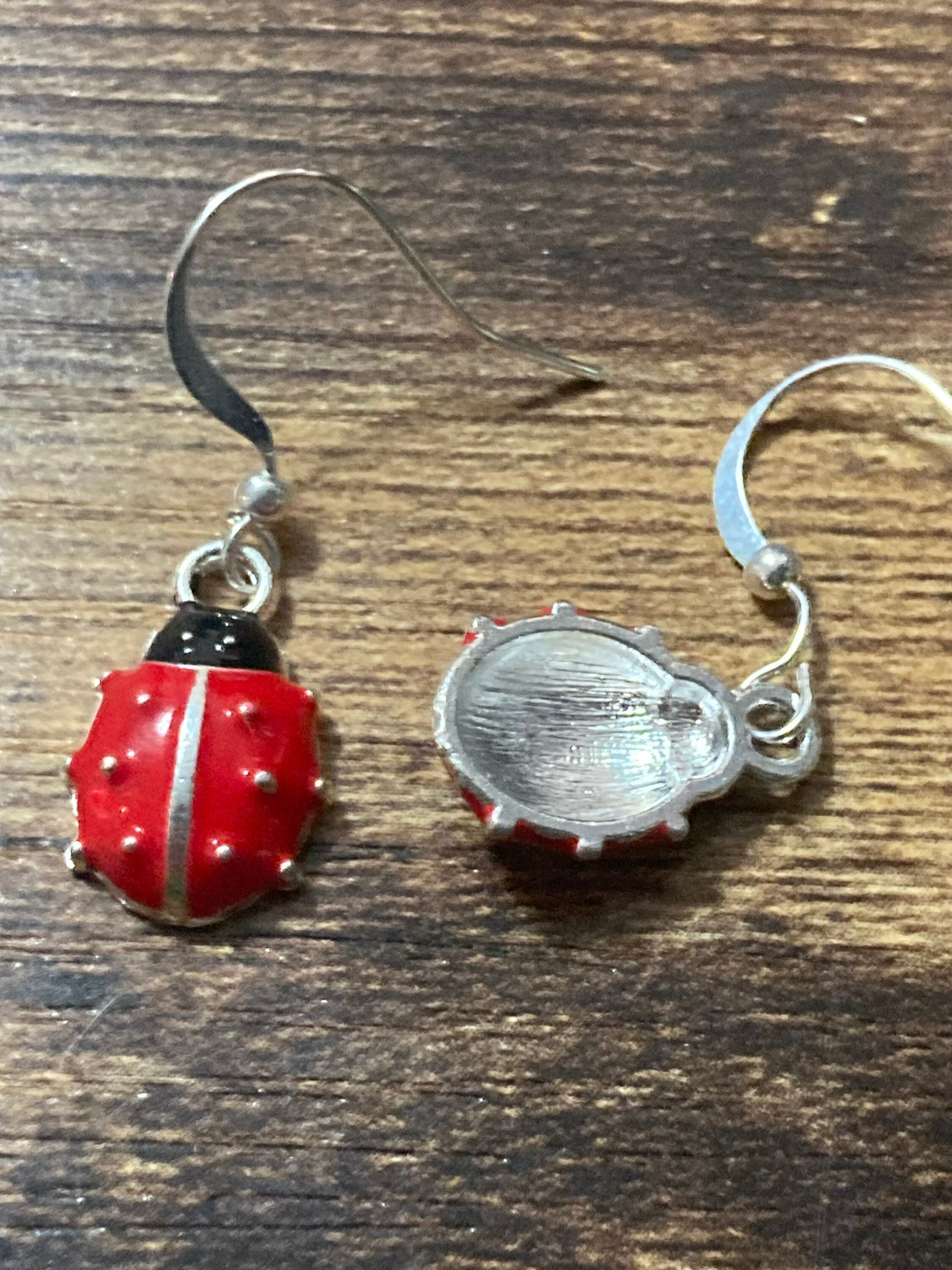 Silver tone black and red enamel ladybird drop earrings for girls