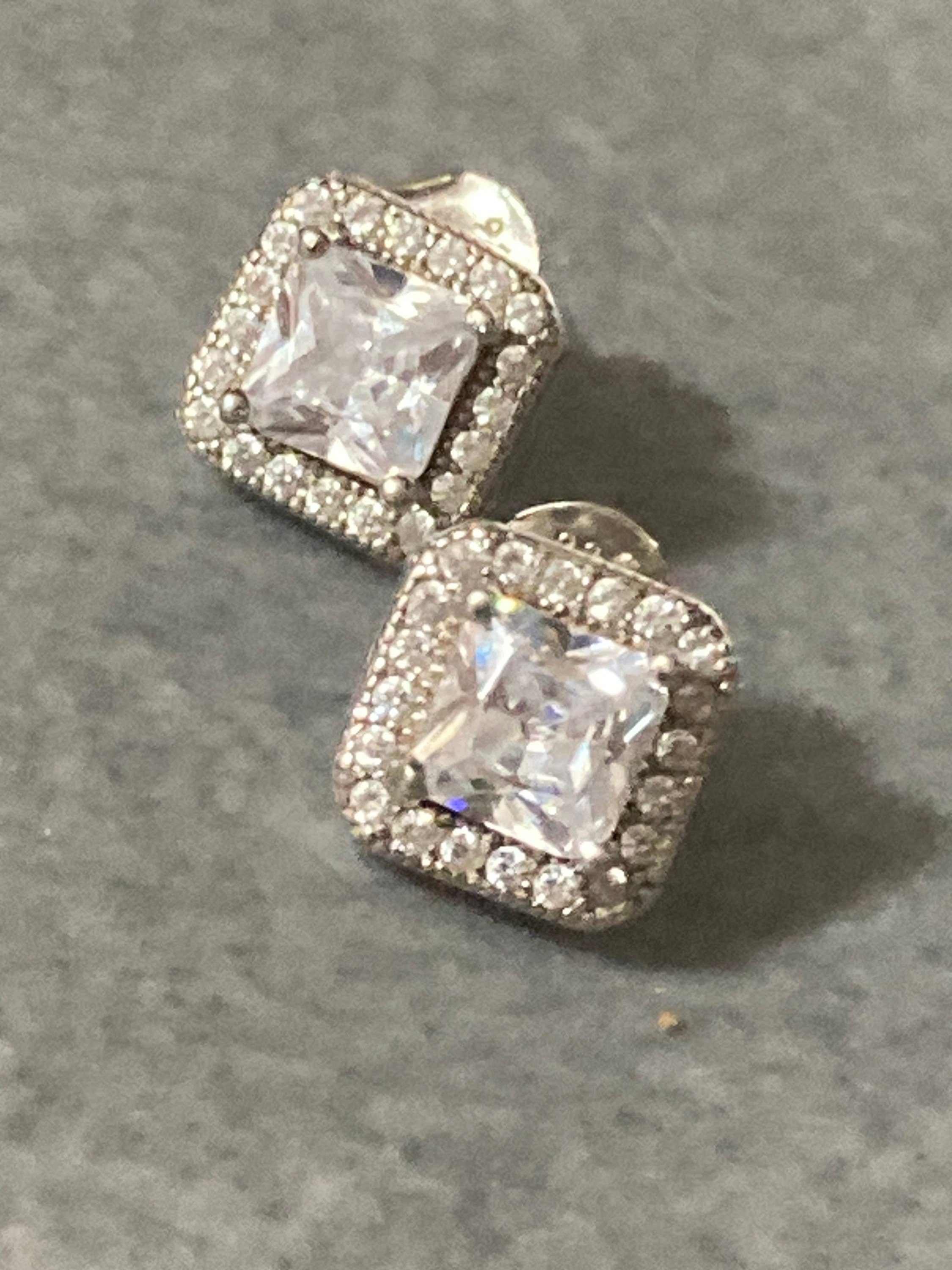 925 Sterling silver square diamanté stud earrings pierced