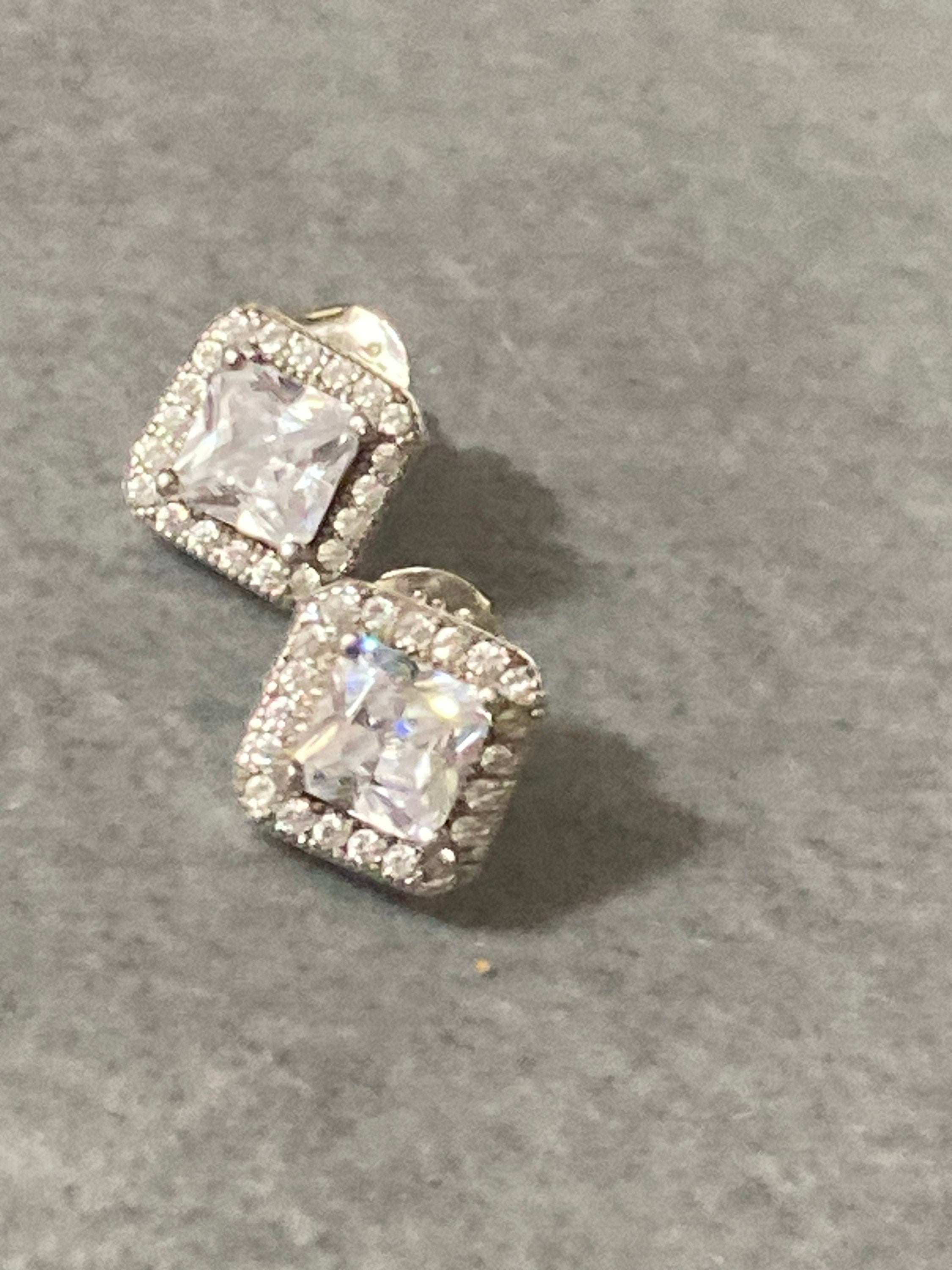925 Sterling silver square diamanté stud earrings pierced