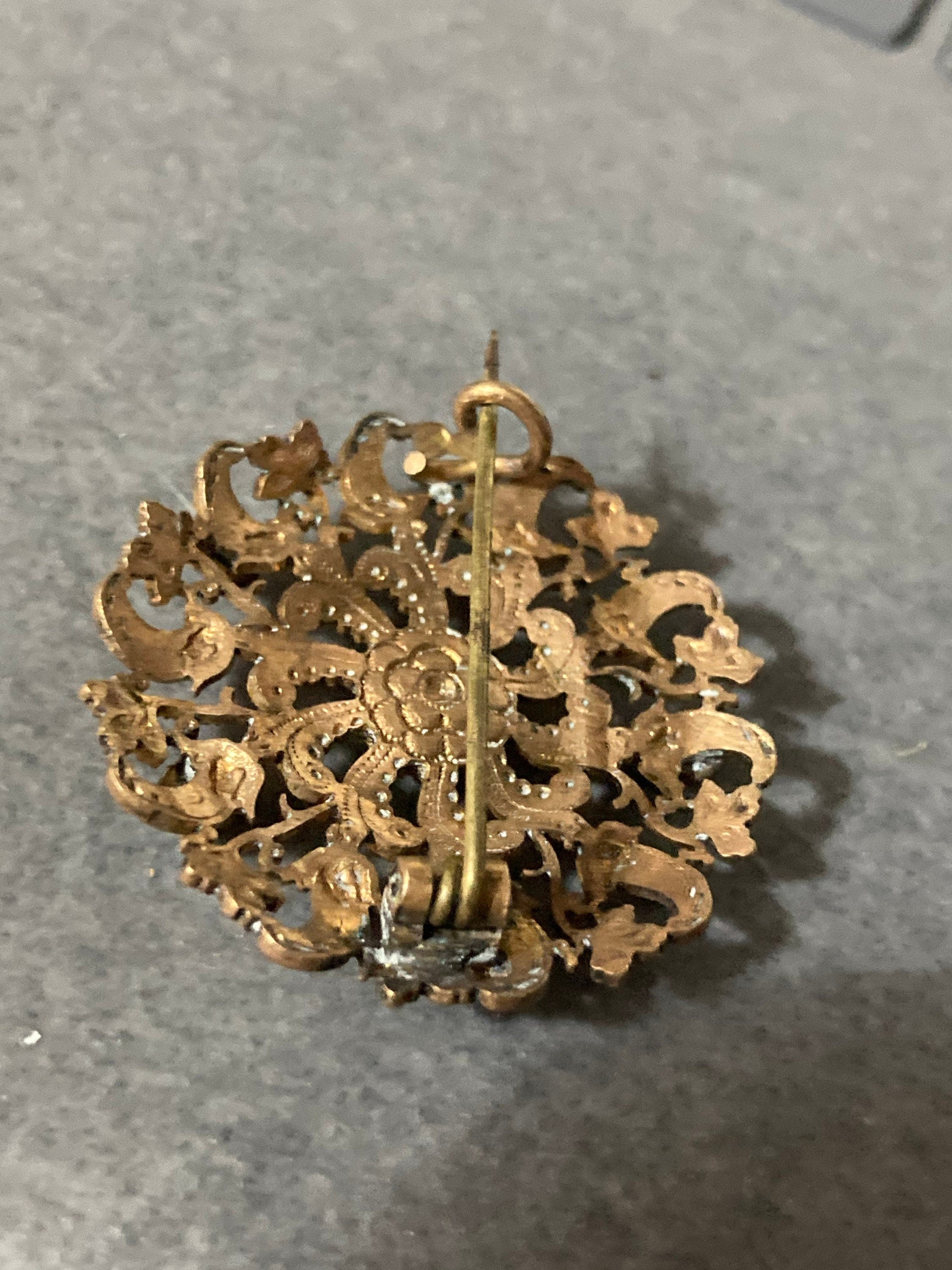 Art Deco small Czech brass filigree brooch turquoise blue Gold 1940s