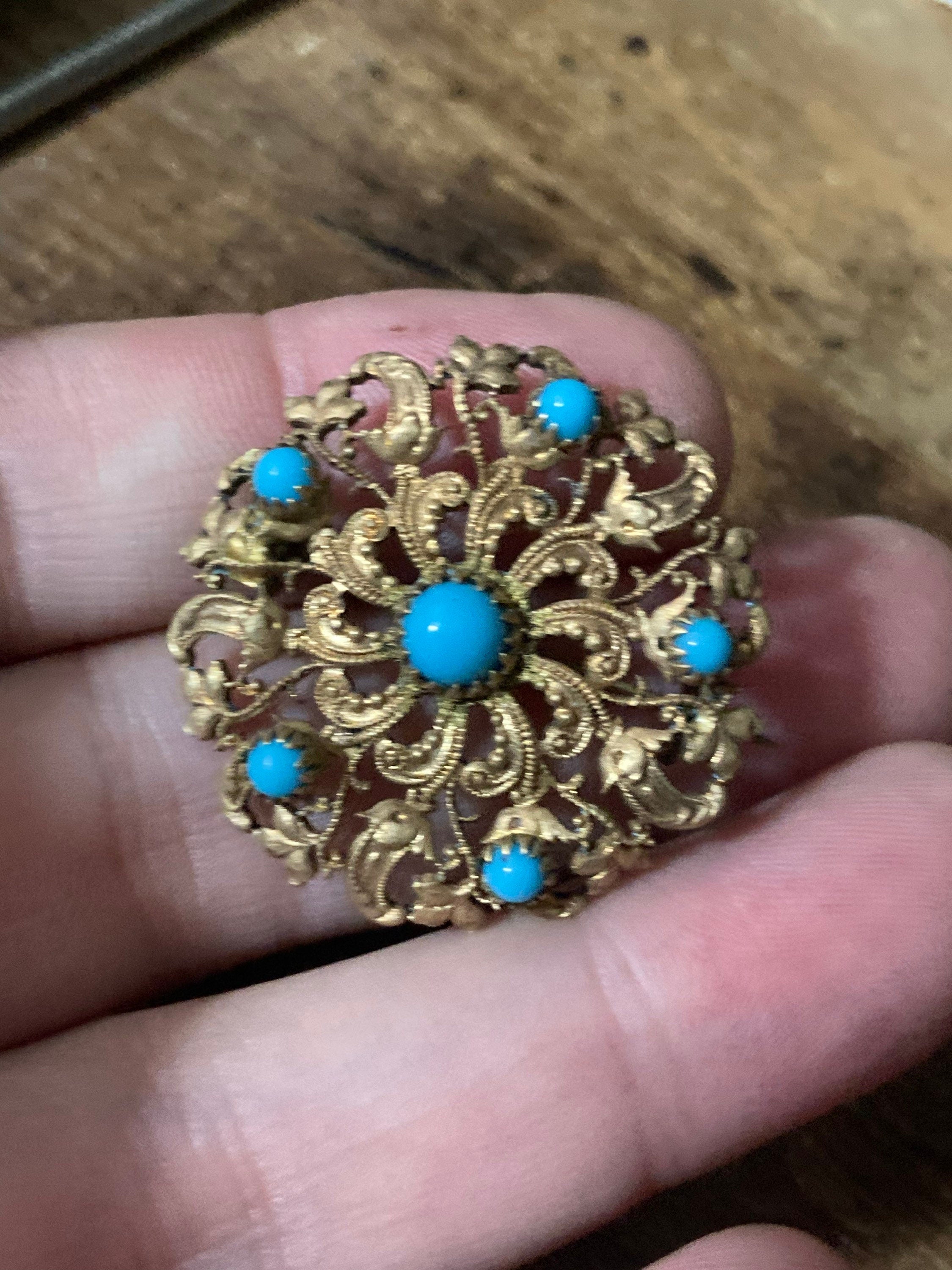Art Deco small Czech brass filigree brooch turquoise blue Gold 1940s
