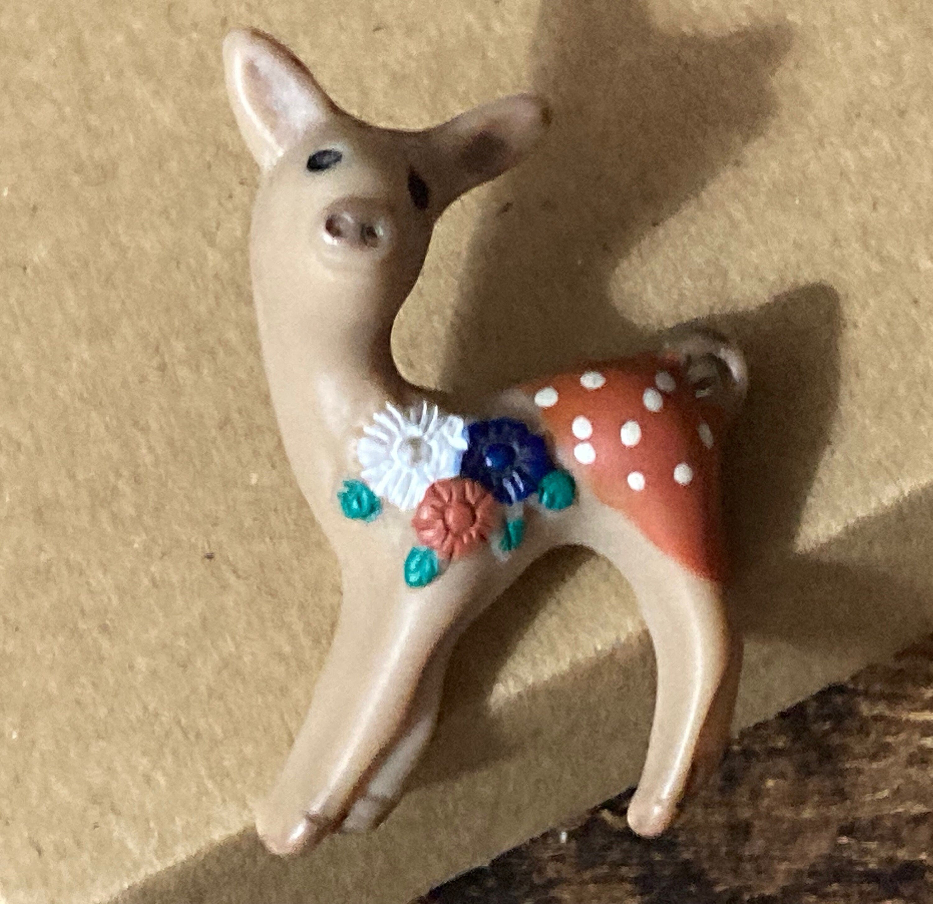 Vintage kitsch early plastic floral deer Fawn brooch alpine Austrian
