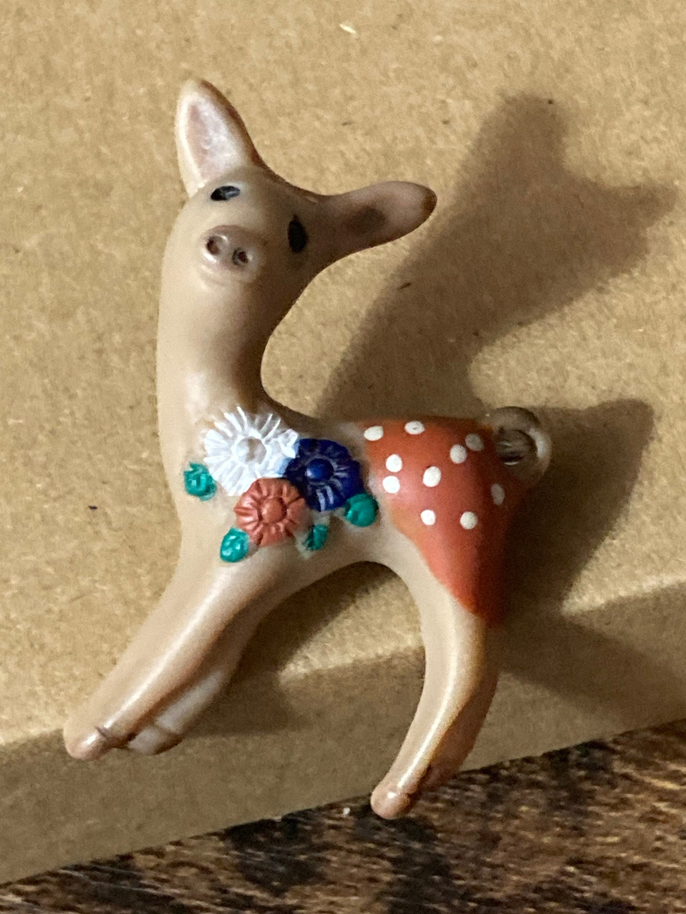 Vintage kitsch early plastic floral deer Fawn brooch alpine Austrian