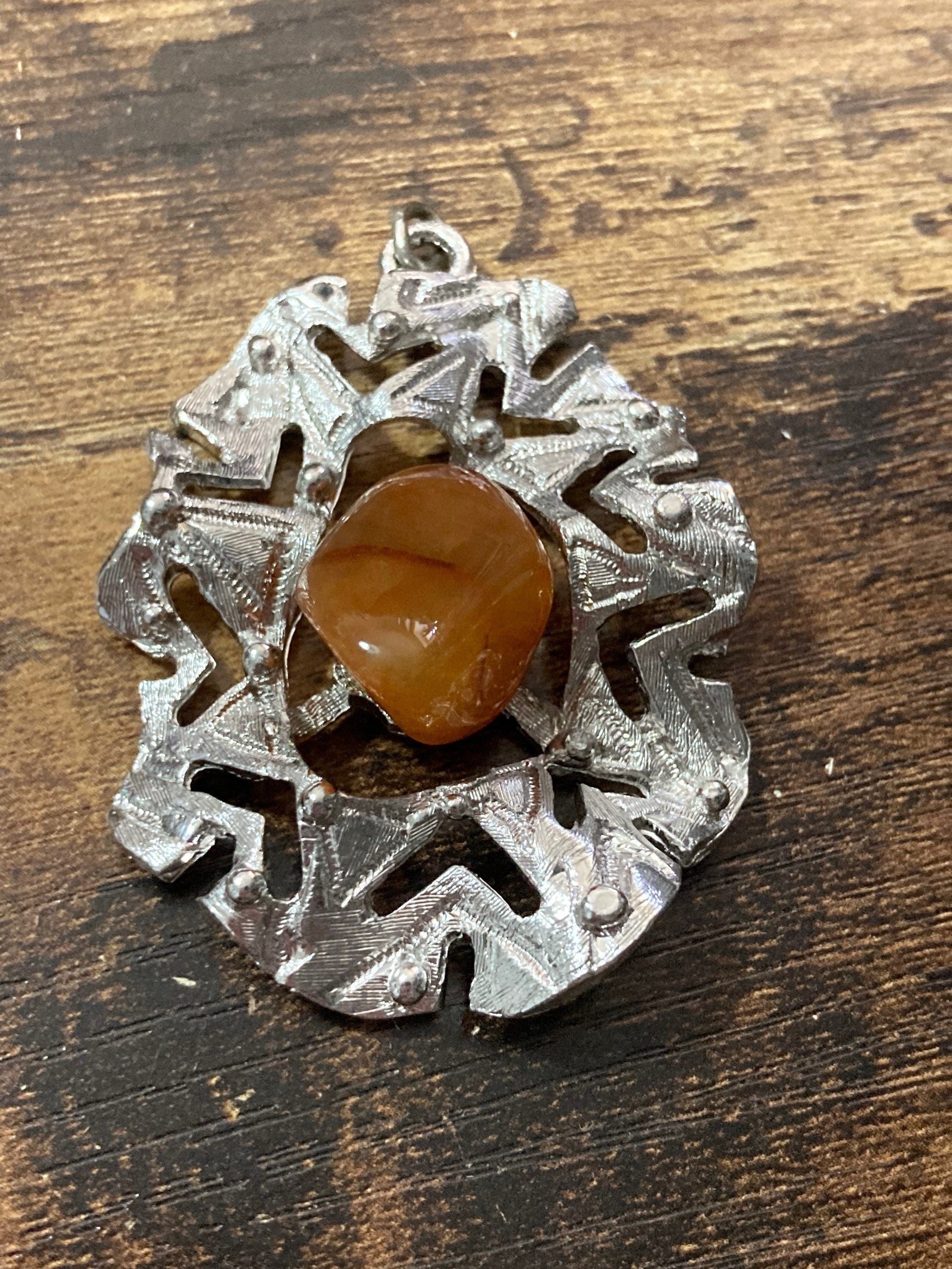 brutalist silver tone orange gemstone pendant Vintage 1970s modernist