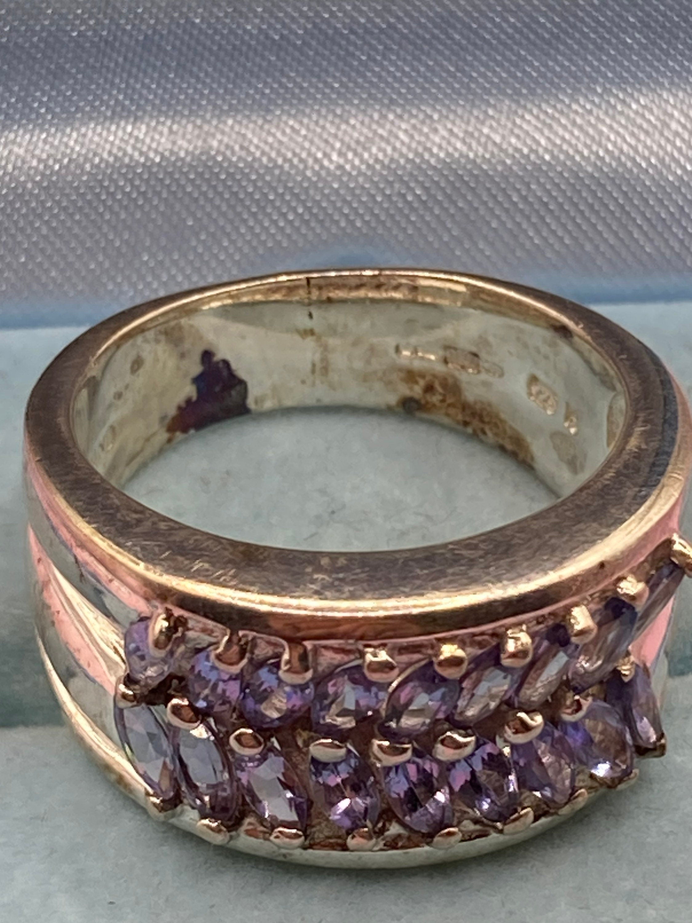 Purple amethyst gemstone wide dress ring UK size S 925 sterling silver