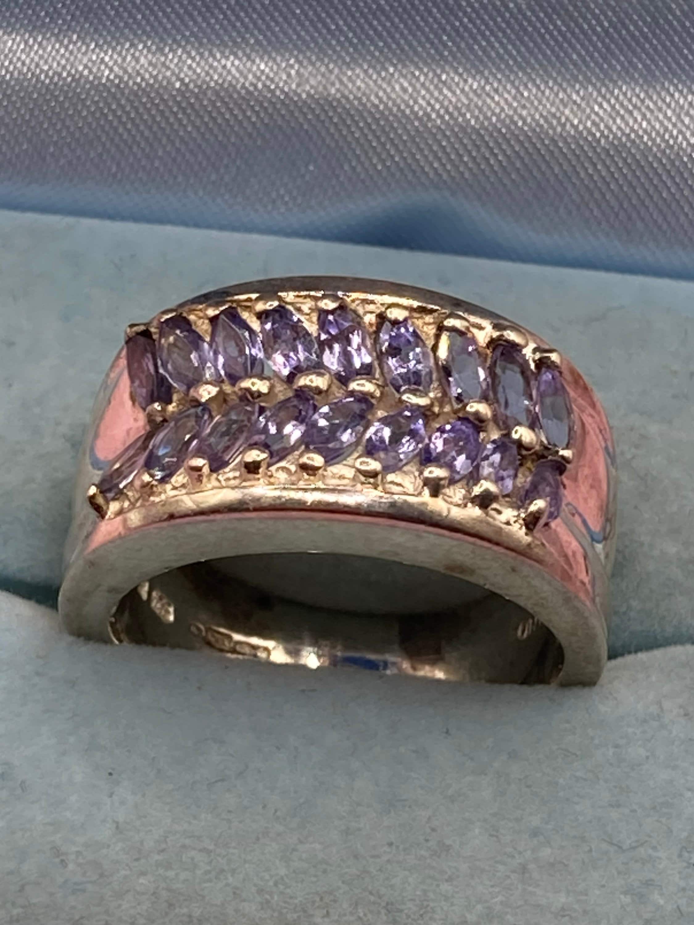 Purple amethyst gemstone wide dress ring UK size S 925 sterling silver