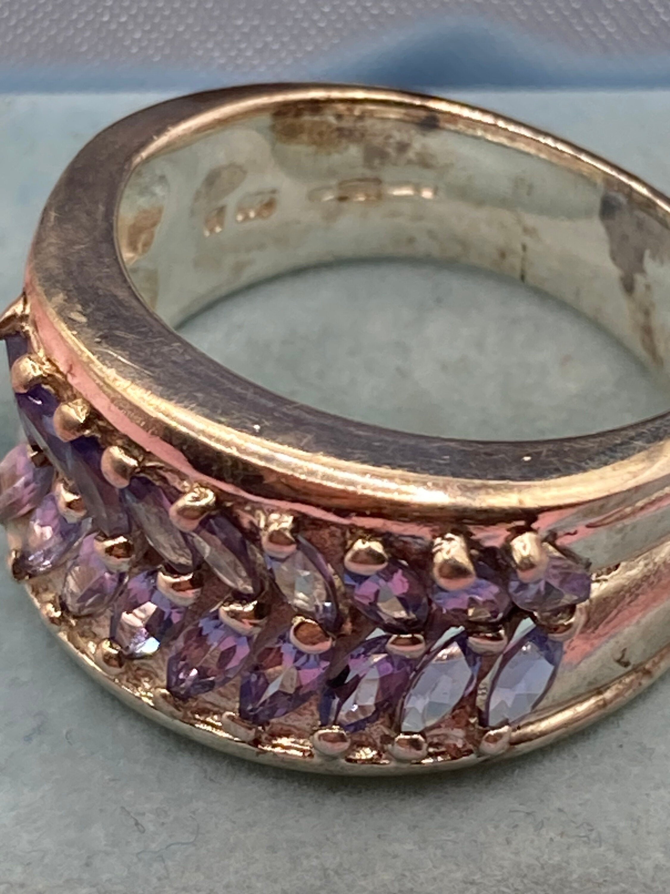 Purple amethyst gemstone wide dress ring UK size S 925 sterling silver