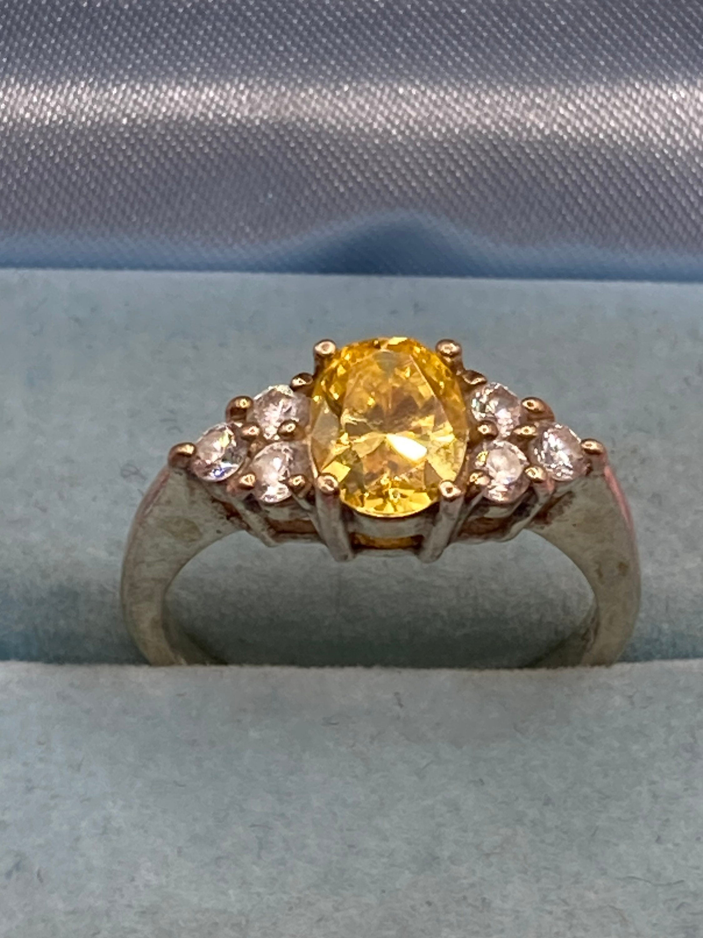 Cubic zirconia yellow gemstone dress ring UK size P 925 sterling silver