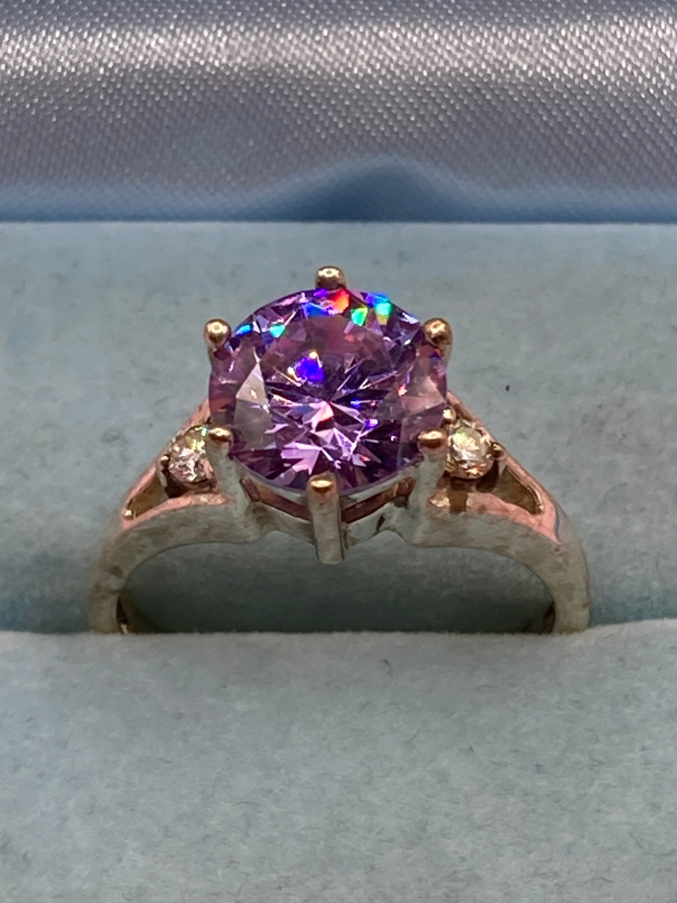 Amethyst purple Cubic zirconia gemstone dress ring UK size P 925 sterling silver
