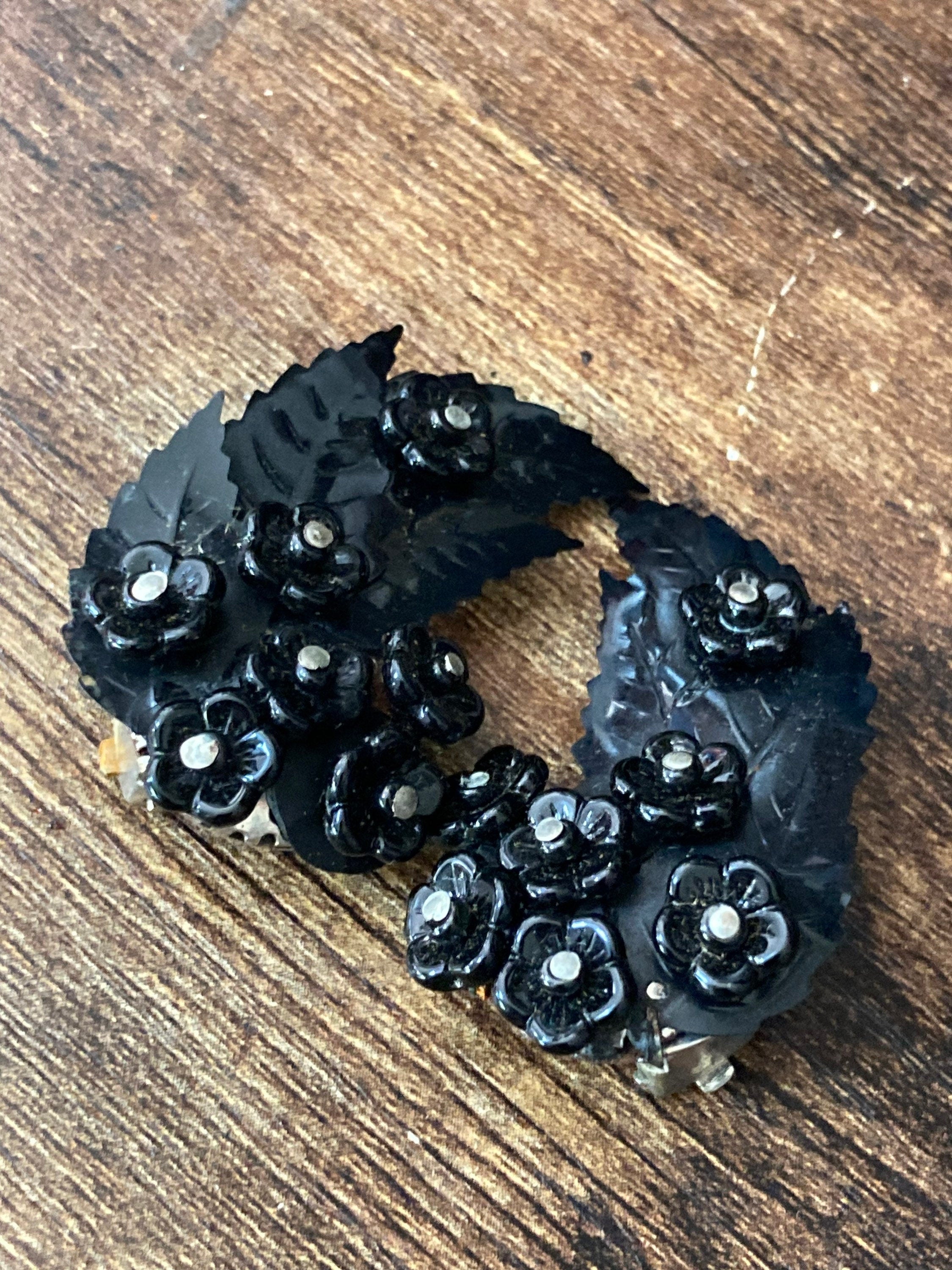Black sequins plastic floral bouquet clip on earrings kitsch