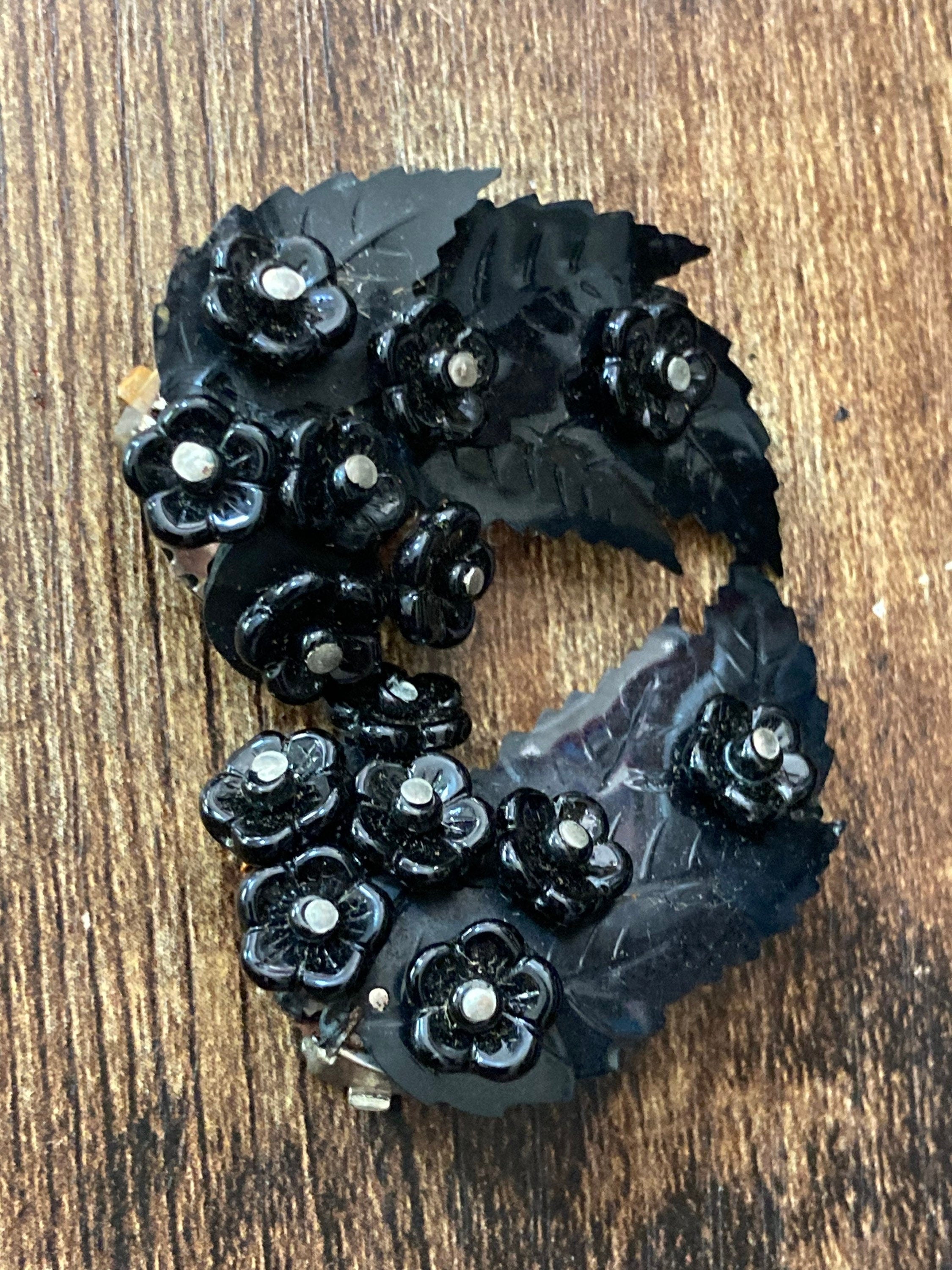 Black sequins plastic floral bouquet clip on earrings kitsch