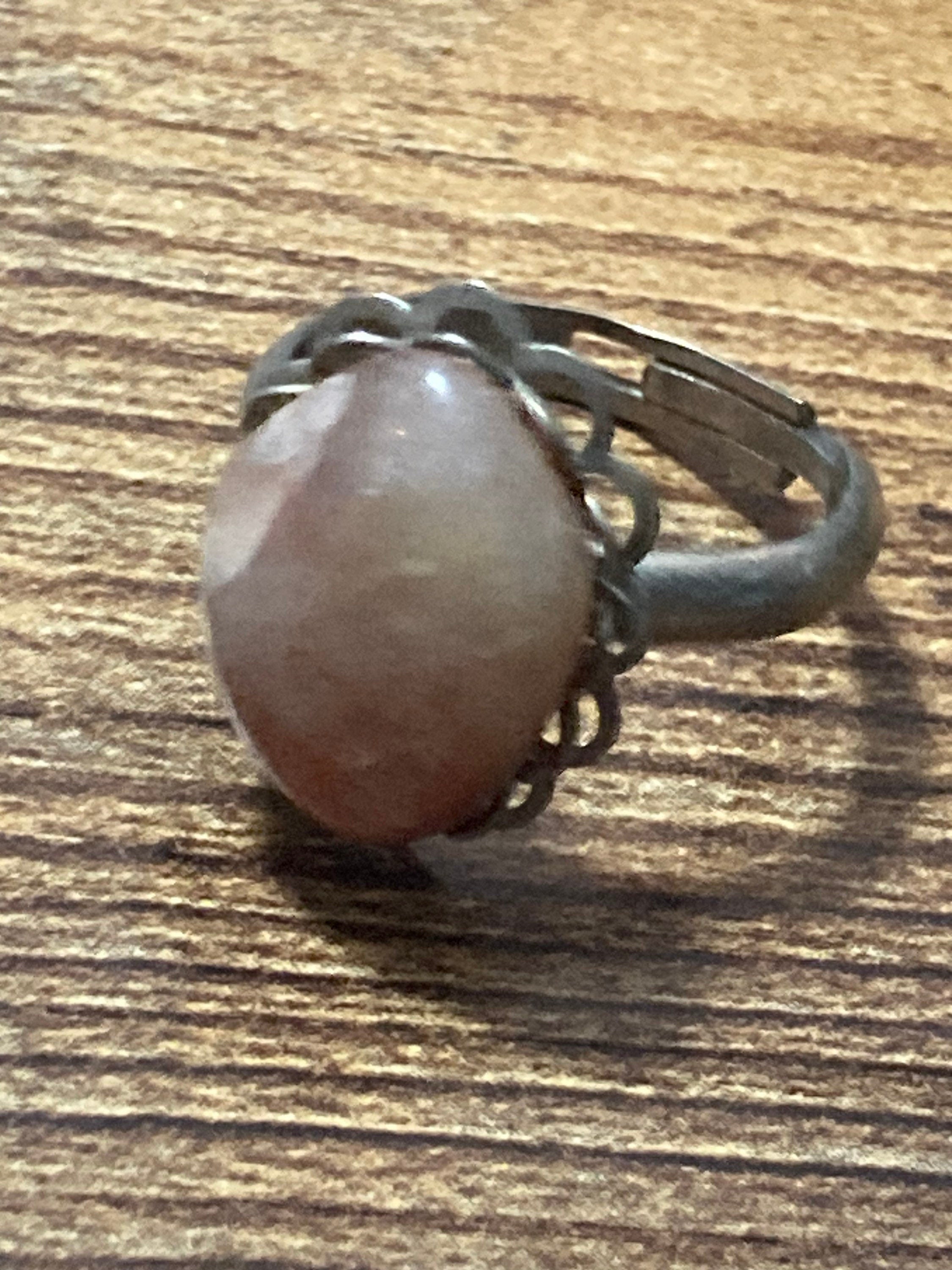 1970s vintage steel silver tone adjustable ring with central brown gemstone modernist