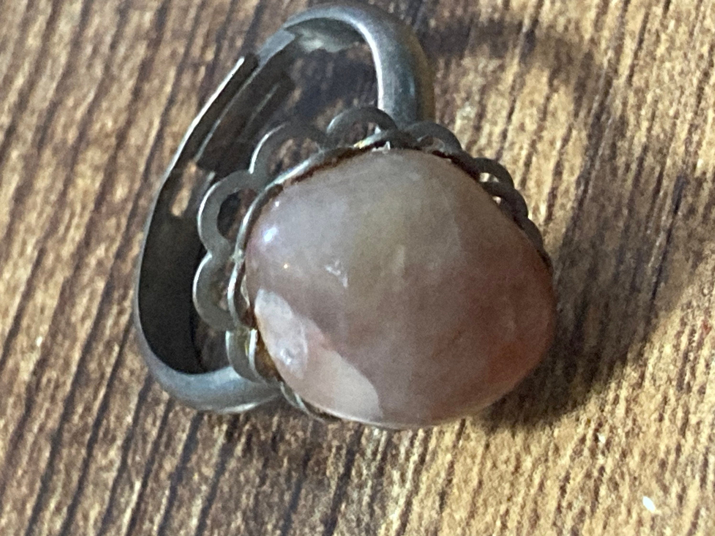 1970s vintage steel silver tone adjustable ring with central brown gemstone modernist