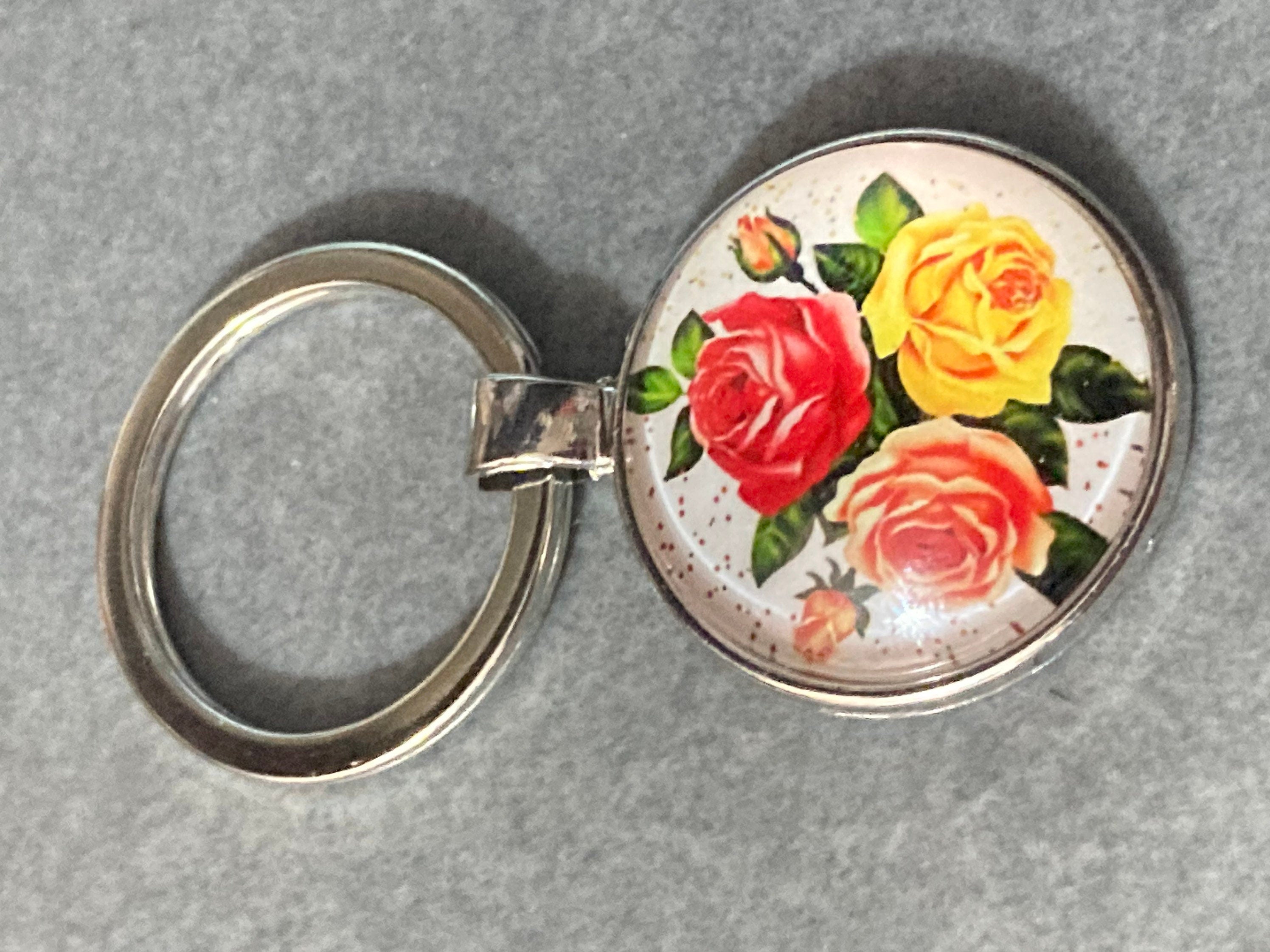 Handmade garden flowers yellow red roses silver tone keyring with 25mm glass cabochon