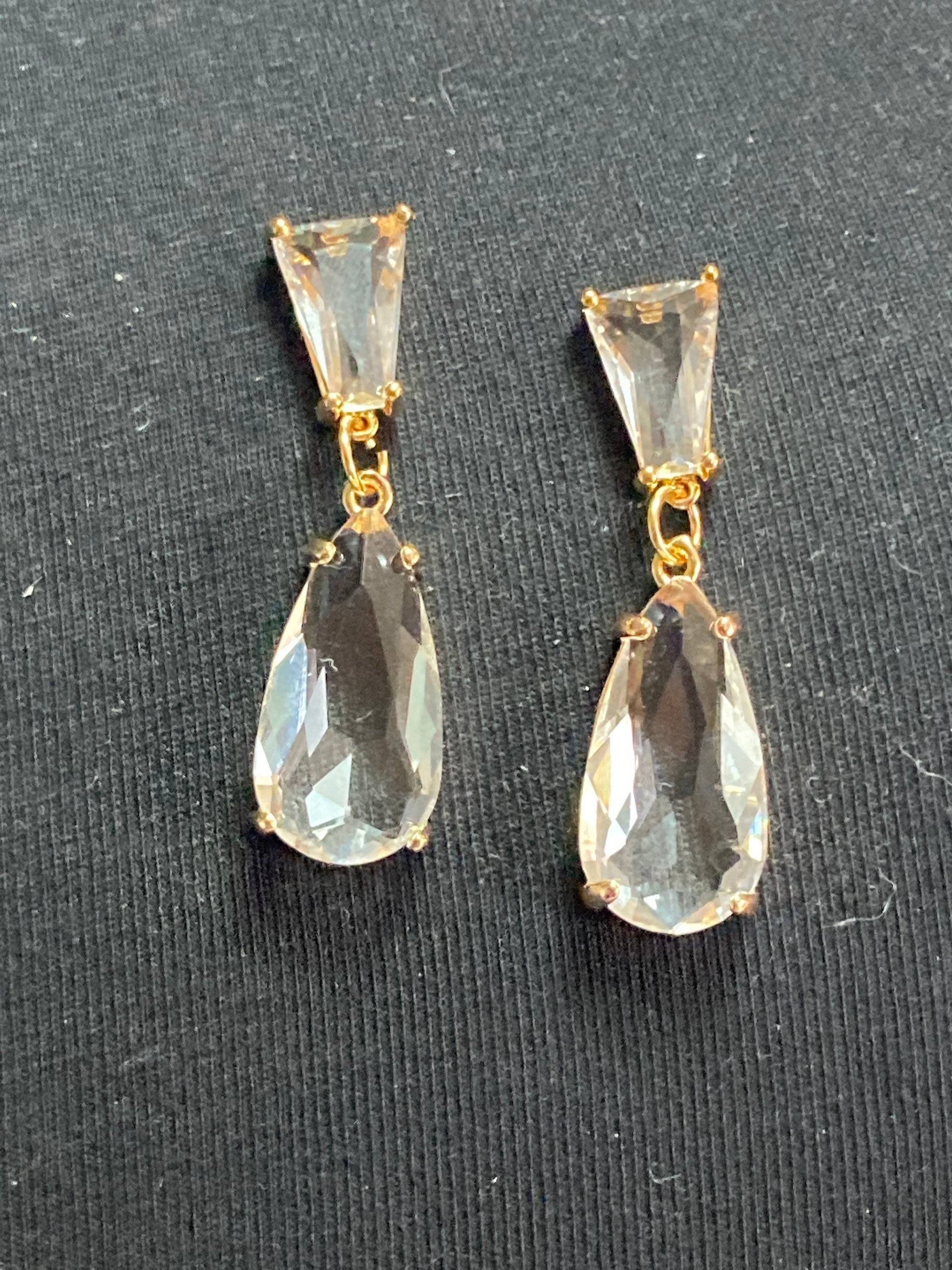 18k Gold plated Clear crystal glass diamante rhinestone teardrop earrings