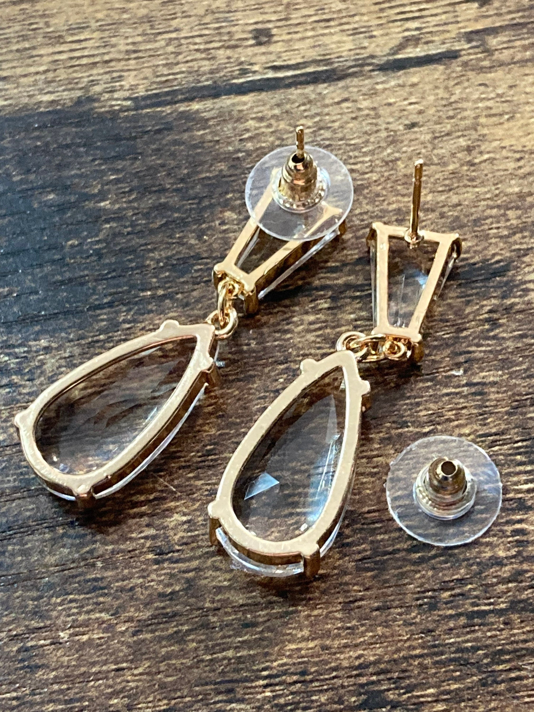 18k Gold plated Clear crystal glass diamante rhinestone teardrop earrings